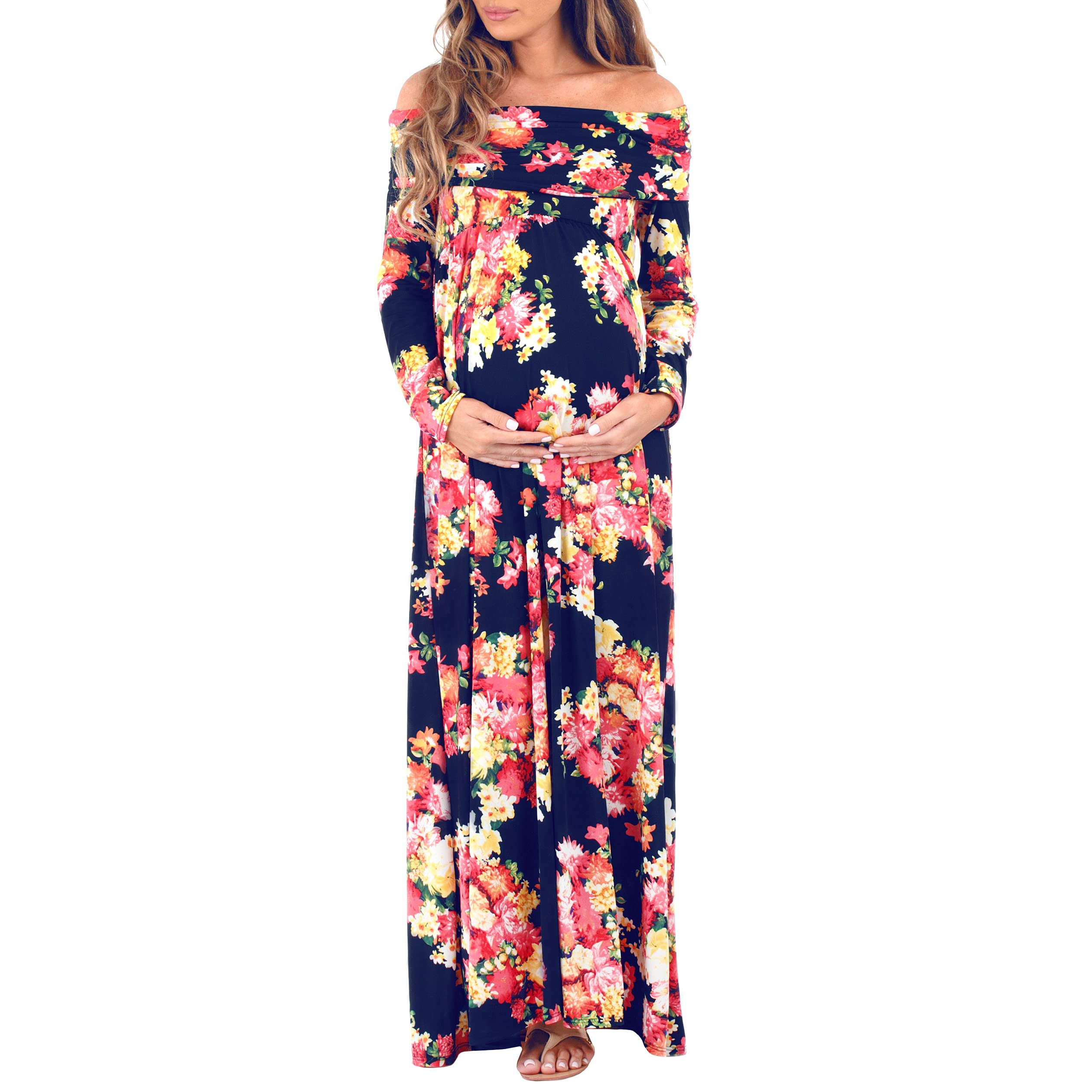 Mother Bee Maternity Off Shoulder Cowl Neck Dress for Pregnancy - Flowy Nursing Dress for Baby Showers, Maternity Photos & Casual Wear