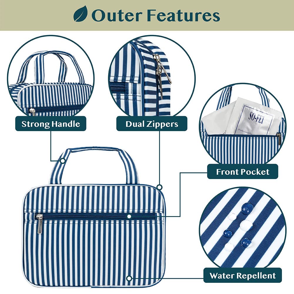 PAVILIA Waterproof Hanging Toiletry Bag for Travel - Foldable Cosmetic Organizer & Makeup Bag for Women & Men - Large Travel Essentials Kit with Navy Stripe - Perfect for Camping, Gym, Business Trips & Vacation