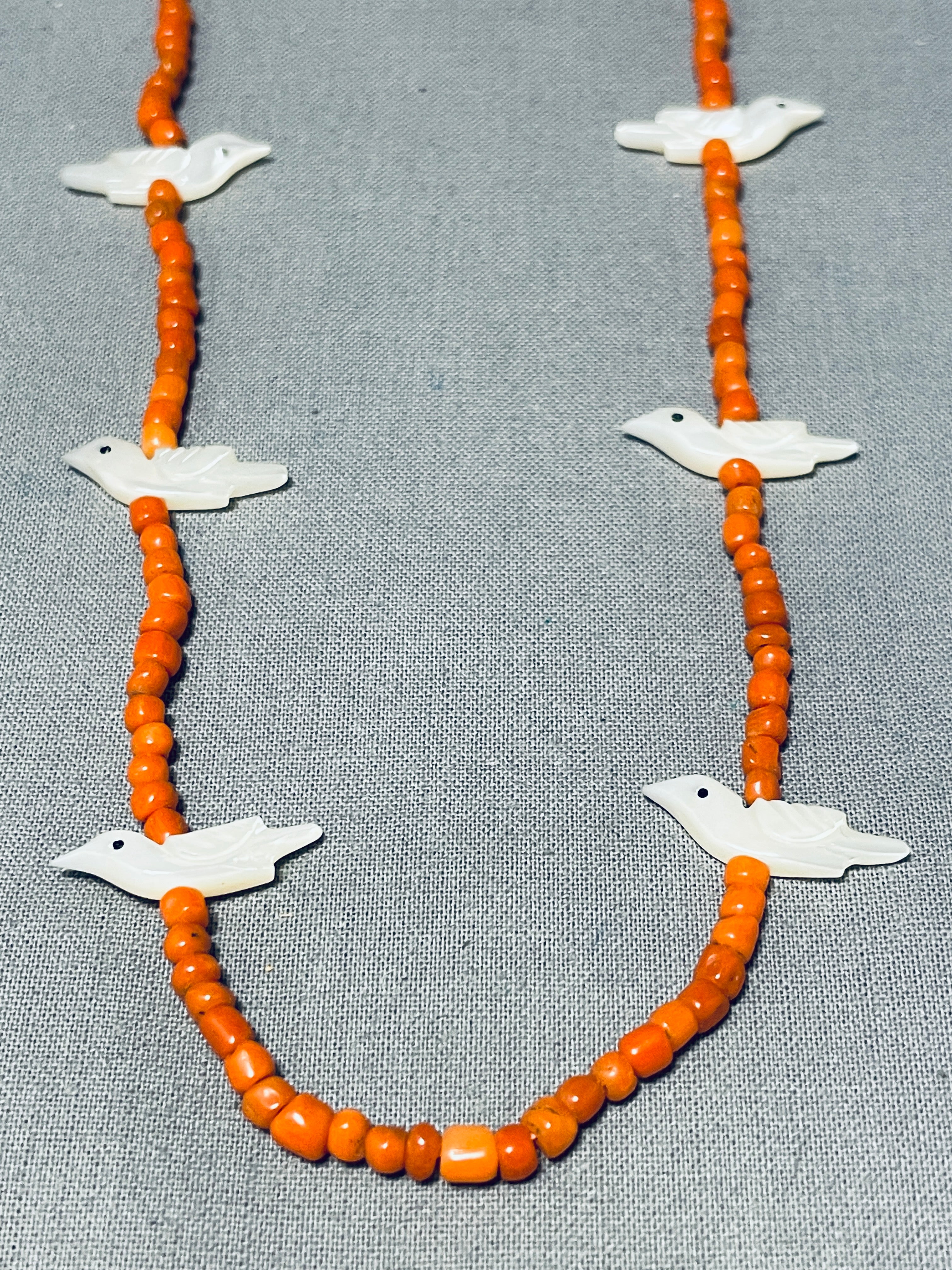 14K Gold Vintage Native American Navajo Coral Bird Fetish Pearl Necklace - Handmade Southwest Jewelry for Women, Gift for Her, Boho Chic Accessory for Casual Wear & Special Occasions