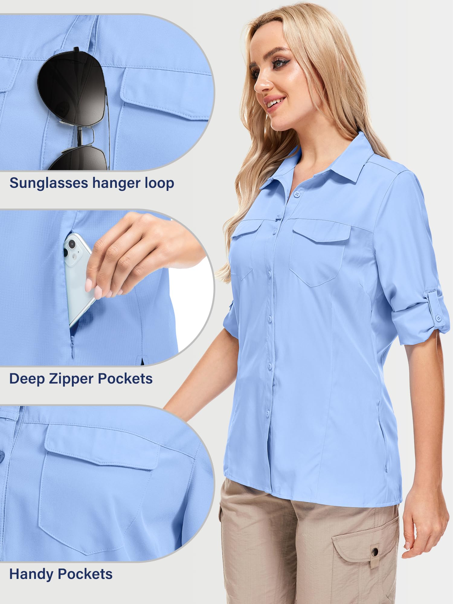 UPF50+ Women's & Men's Sun Protection Fishing Shirts - Long Sleeve Travel & Safari Work Shirts with Zipper Pockets - Perfect for Outdoor Activities, Hiking, and Beach Vacations
