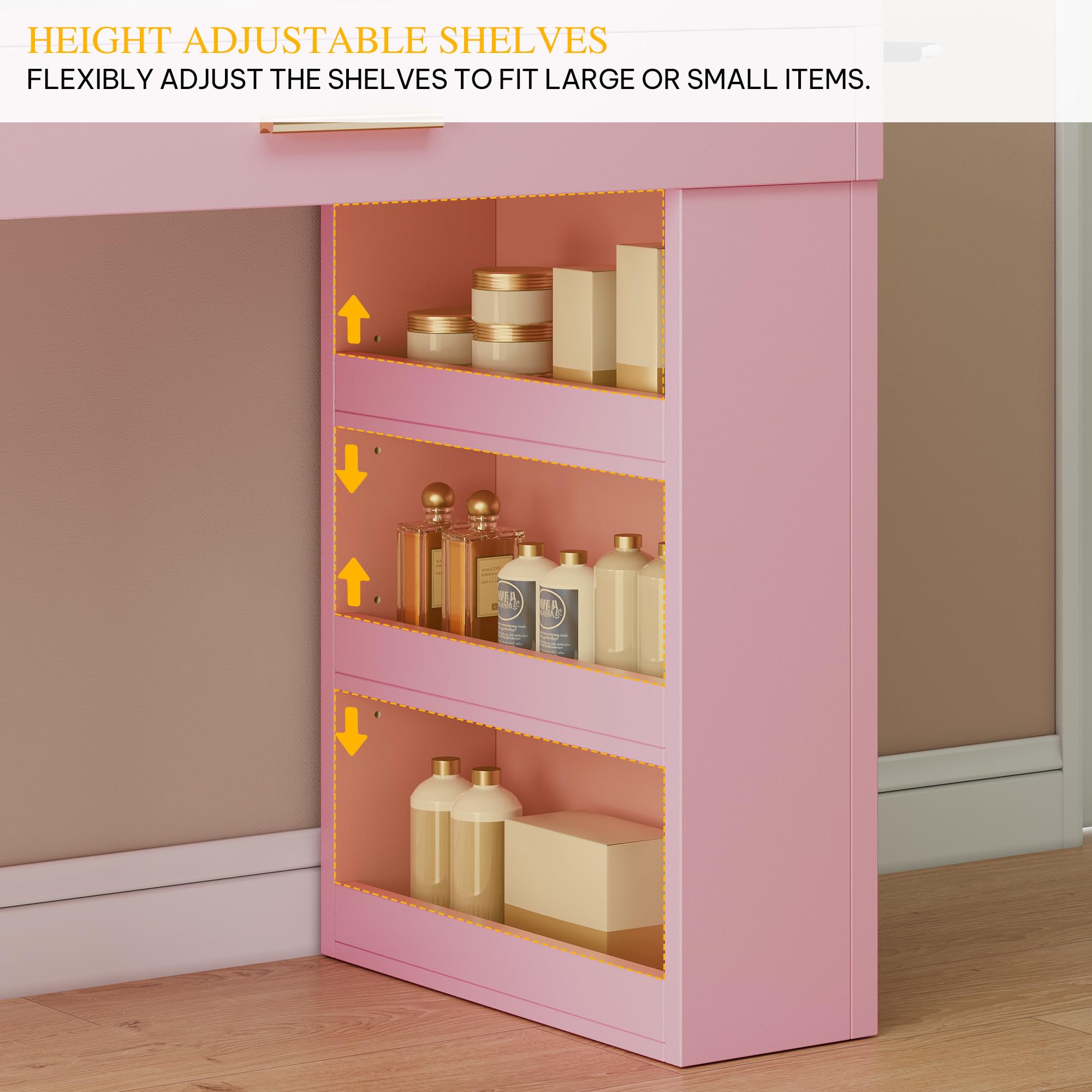 YITAHOME Pink Makeup Vanity Table with Mirror, Lights & Charging Station - 39.5 Inch Beauty Desk with 3 Storage Shelves & Comfortable Bench - Perfect for Bedroom, Dressing Room & Gift for Women