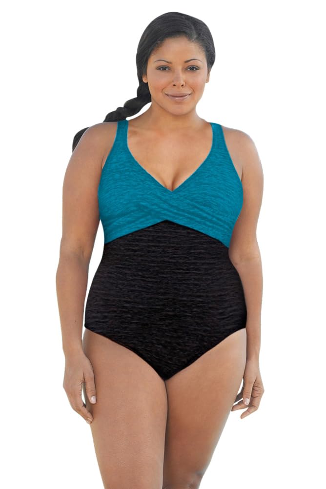 Krinkle Colorblock Twist Front Plus Size One Piece Swimsuit - Chlorine Resistant Swimwear for Women, Tummy Control Bathing Suit for Beach, Pool & Vacation