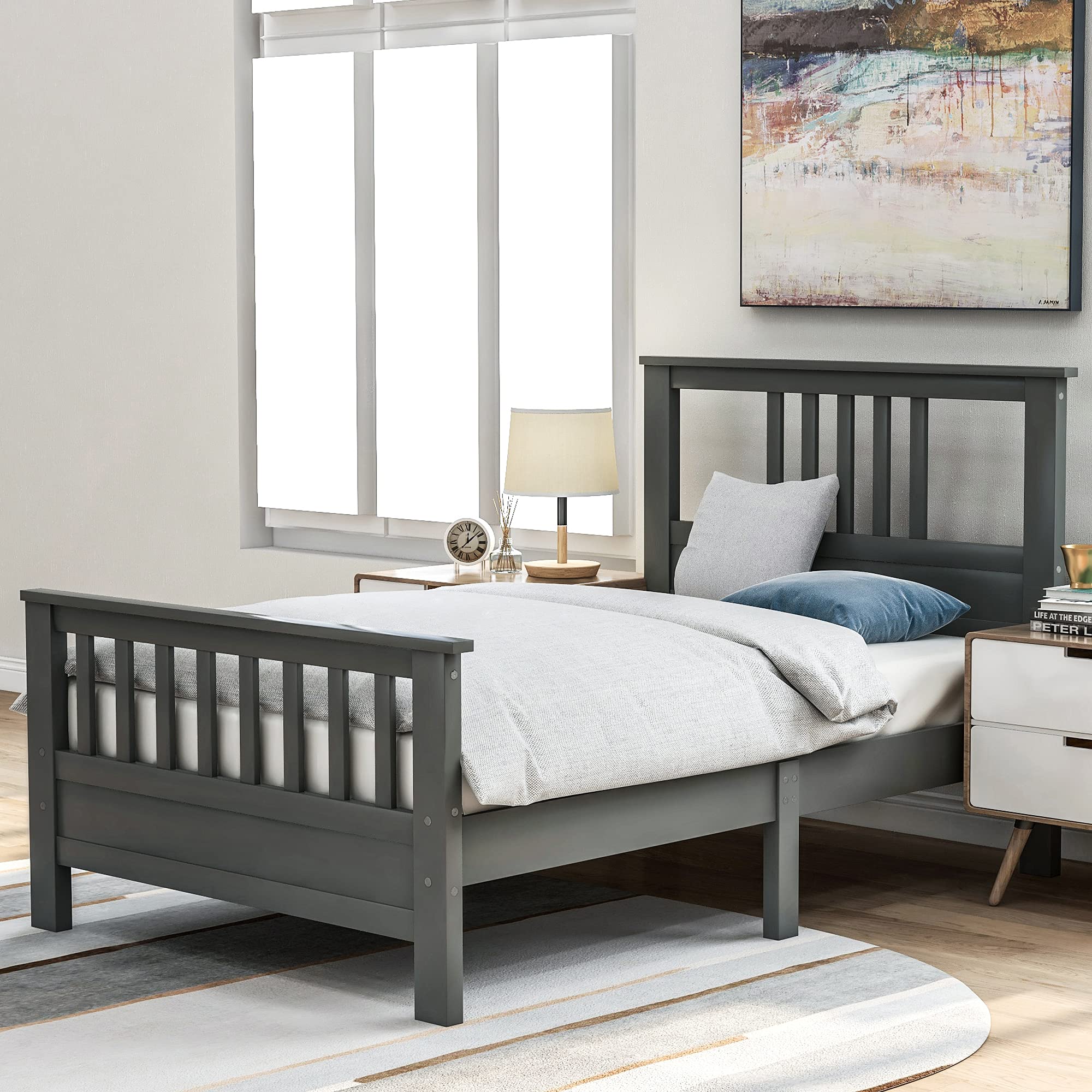 Rockjame Premium Twin Wood Platform Bed with Headboard & Footboard - Sturdy Slat Support, No Box Spring Needed - Gray - Perfect for Small Bedrooms, Guest Rooms & Dormitories