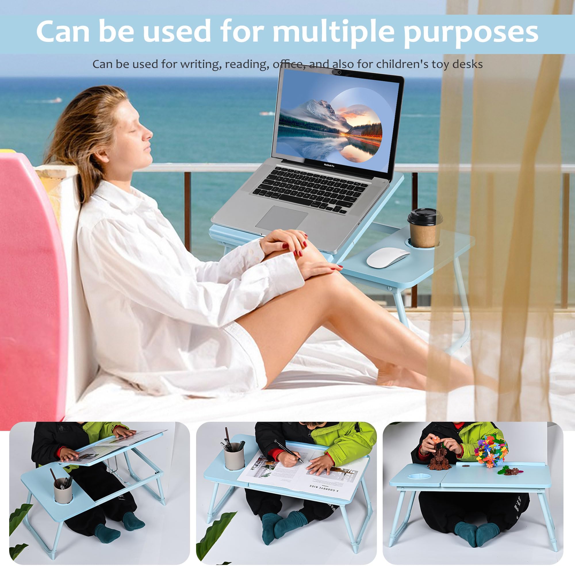 Adjustable Foldable Laptop Desk Tray - Portable Bed Table with Cup Holder for Notebook, Reading & Working on Bed, Couch, Sofa | Perfect for Home Office, Study, Picnic & Dining (Blue)