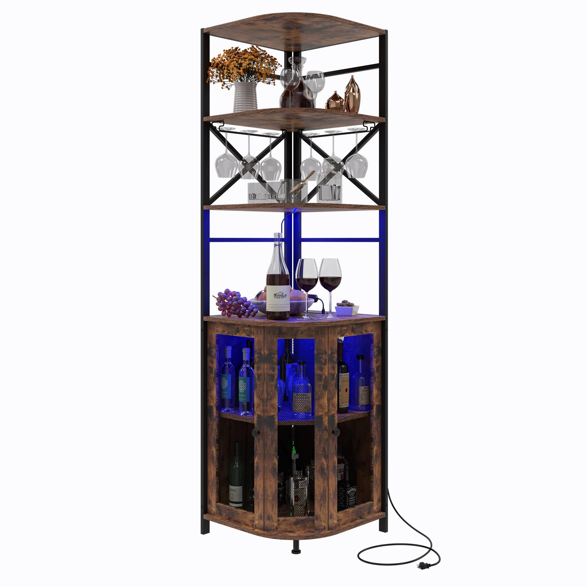 Industrial 6-Tier Wine Bar Cabinet with LED Lights, Power Outlet & Adjustable Glass Shelves - Corner Liquor Storage Cabinet for Home Bar, Dining Room or Christmas Gift