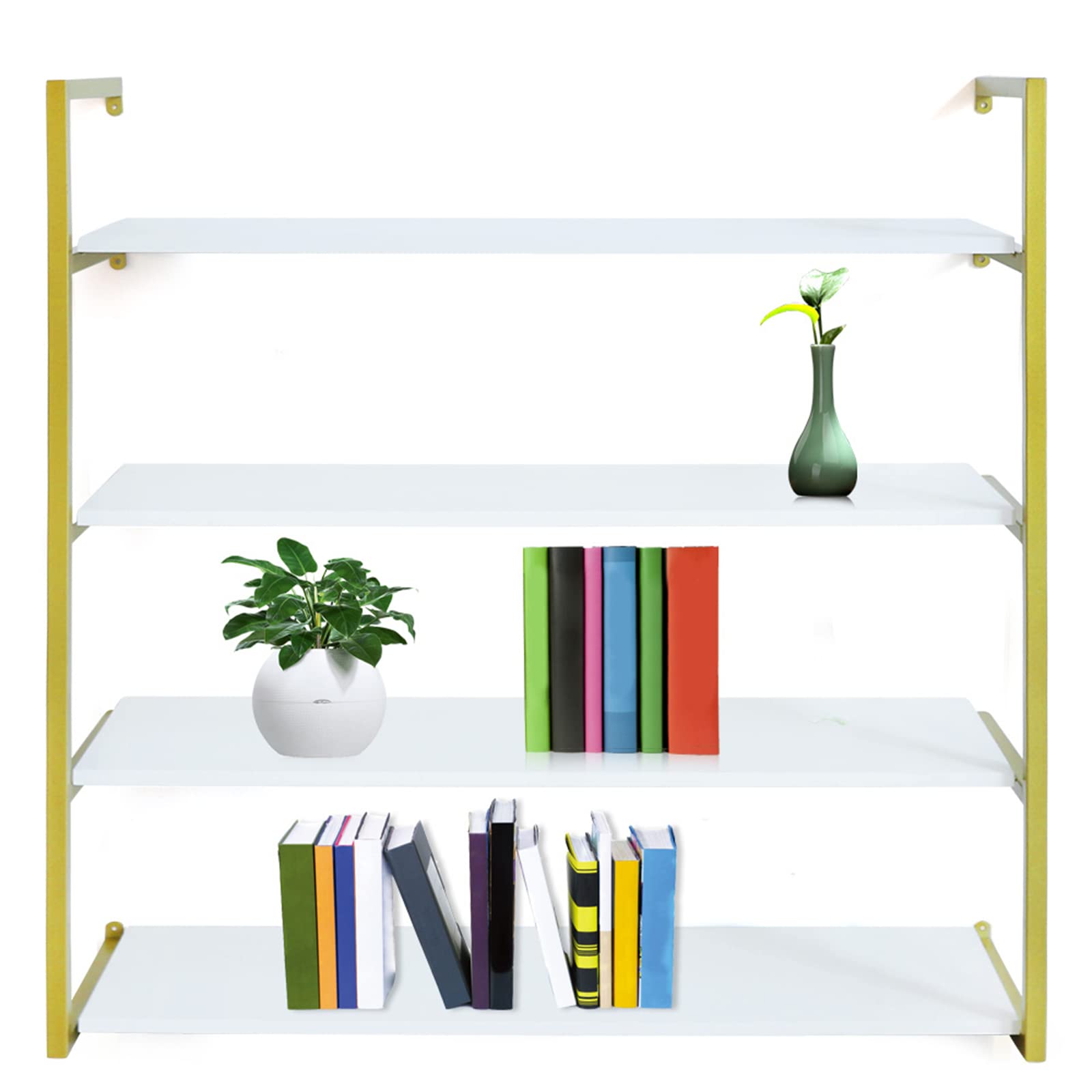 DYRABREST 4-Tier Floating Wall Shelves - Rustic Wood Wall Mounted Bookshelf for Living Room, Office, Bedroom - Gold Finish | Perfect for Home Decor, Book Storage & Displaying Decorative Items