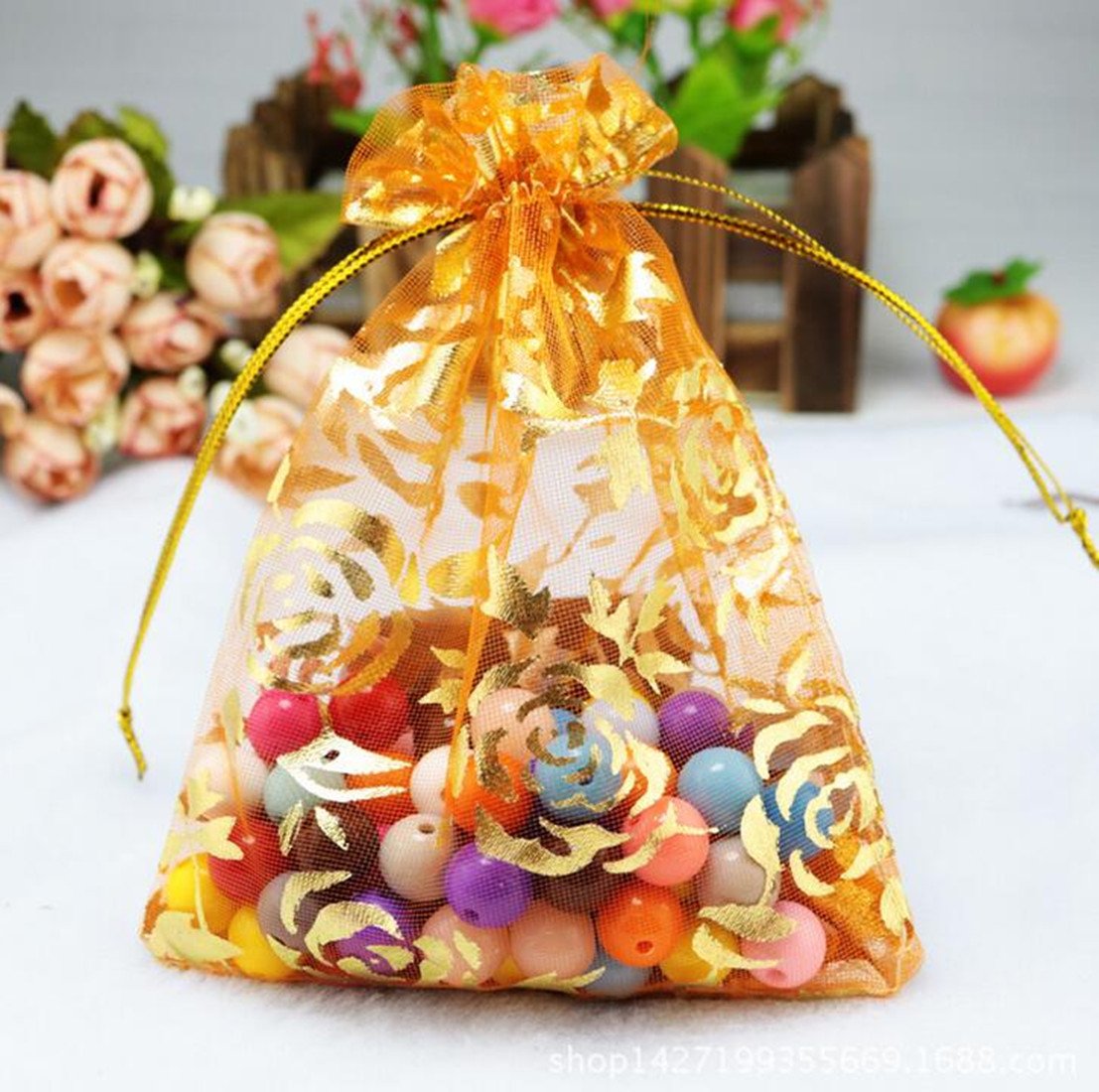 100pcs Rose Pattern Organza Wedding Favor Bags - 6