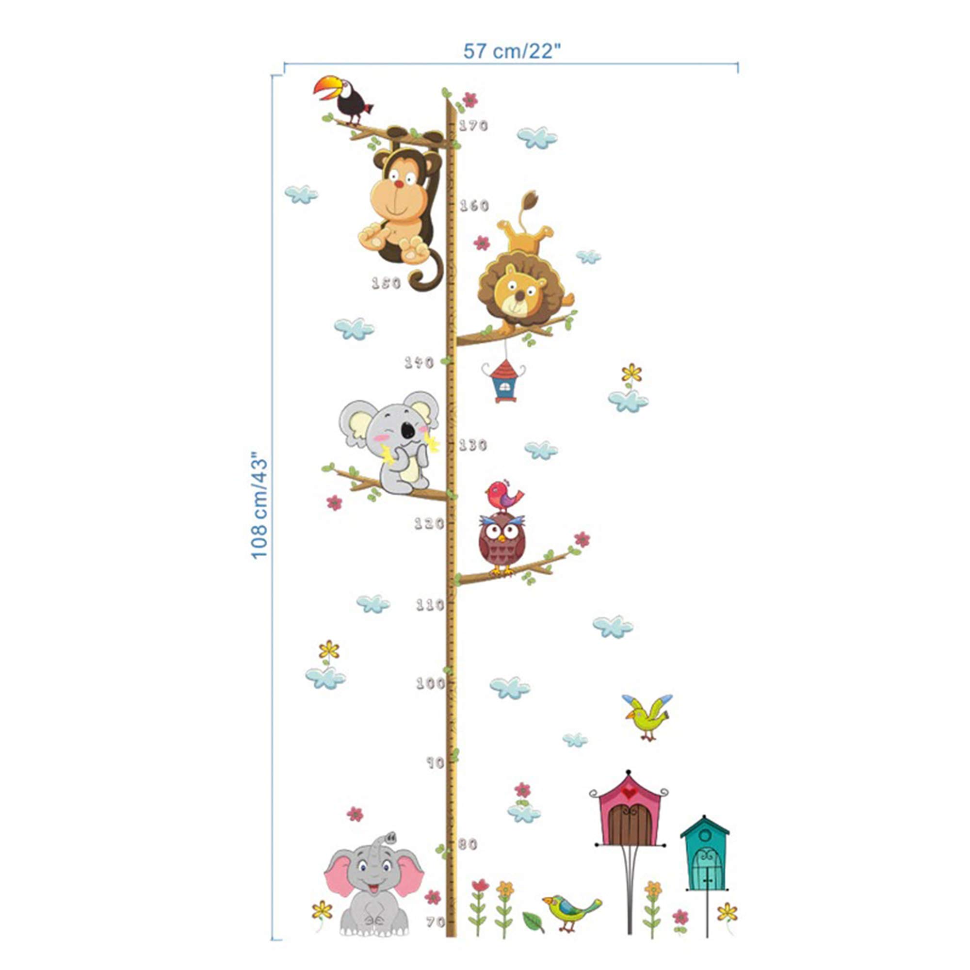 Kids Growth Chart Wall Sticker - Cartoon Animal Height Measure with Lion, Monkey, Owl & Elephant Designs - Perfect Nursery Decor & Room Wall Art for Baby & Toddler Bedrooms - Great for Tracking Child Development & Room Decoration