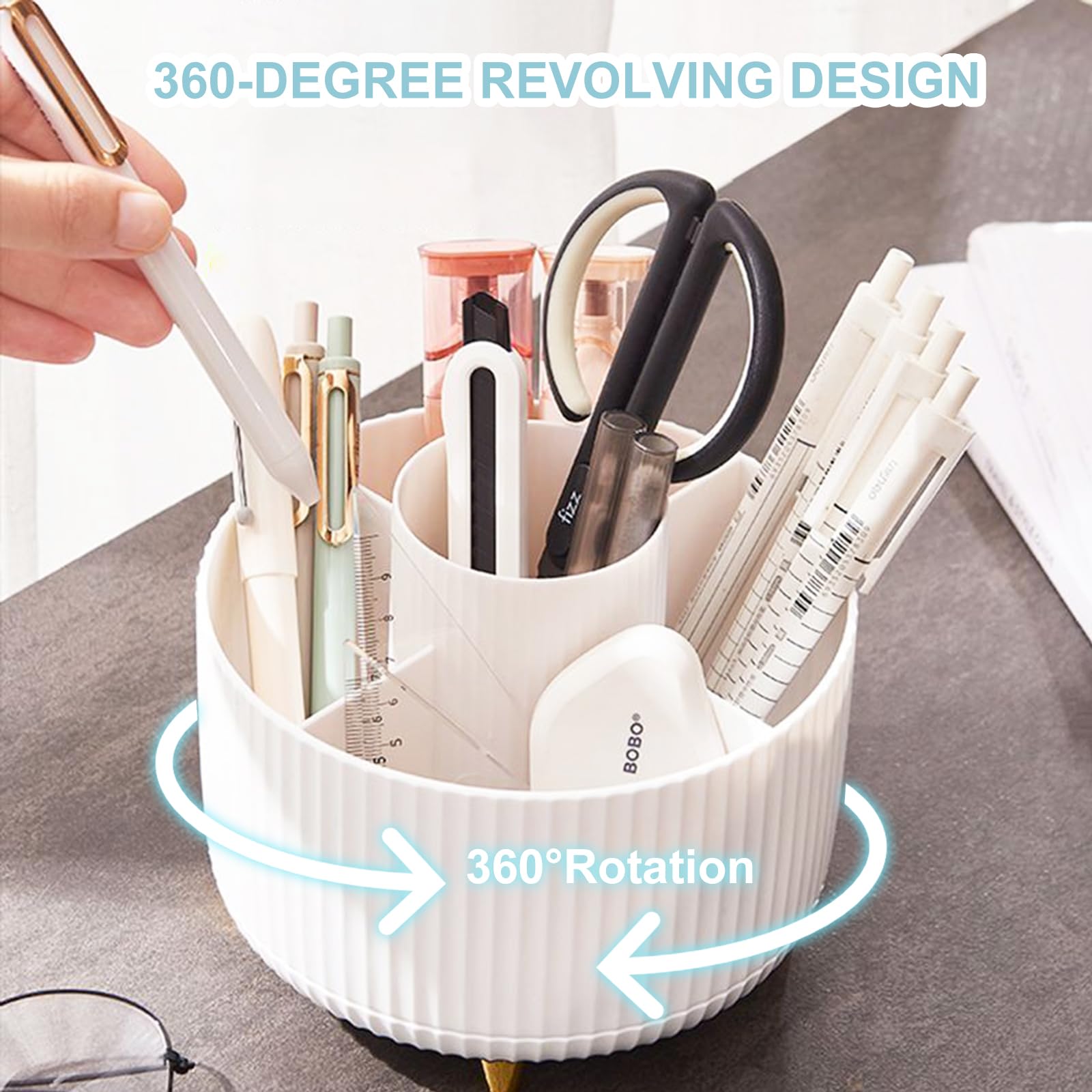 360° Rotating 5-Slot Pencil Holder for Desk - White | Office, School & Home Desk Organizer | Perfect for Pens, Markers, Scissors & Art Supplies | Compact Desktop Storage Solution for Stationery & Workspace Organization