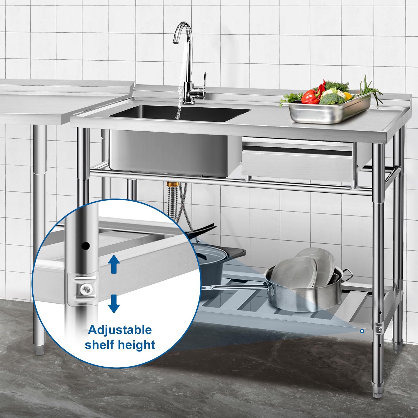 YORKING 39-inch Stainless Steel Utility Sink with Drawer Storage | Free Standing Single Bowl Kitchen Sink | Hot & Cold Water Pipes | Indoor & Outdoor Use for Laundry, Garage, or Garden