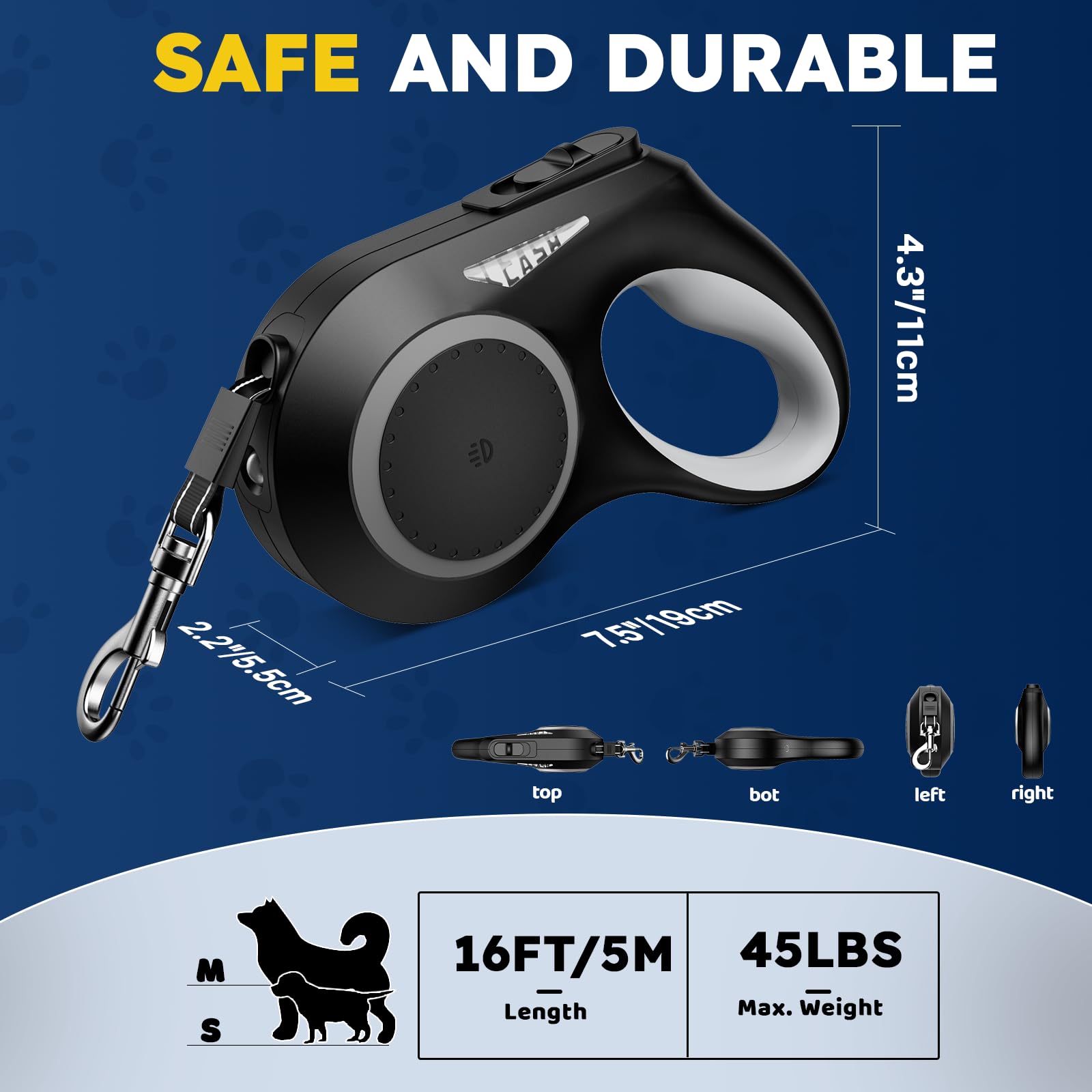 MAXLAPTER 16ft Retractable Dog Leash for Small & Medium Dogs Up to 45lbs - LED Light, Rechargeable, Tangle-Free Nylon Tape with Anti-Slip Handle (Black) - Perfect for Night Walks, Jogging & Outdoor Adventures