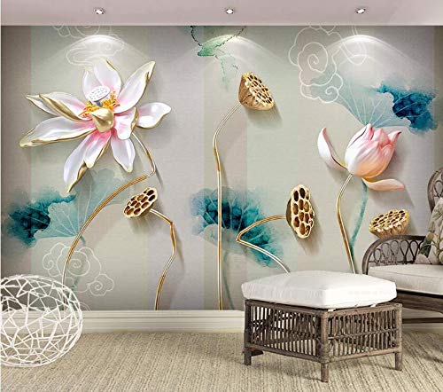 3D Lotus Flower Wallpaper Decal - Self-Adhesive Removable Vinyl Wall Mural (205