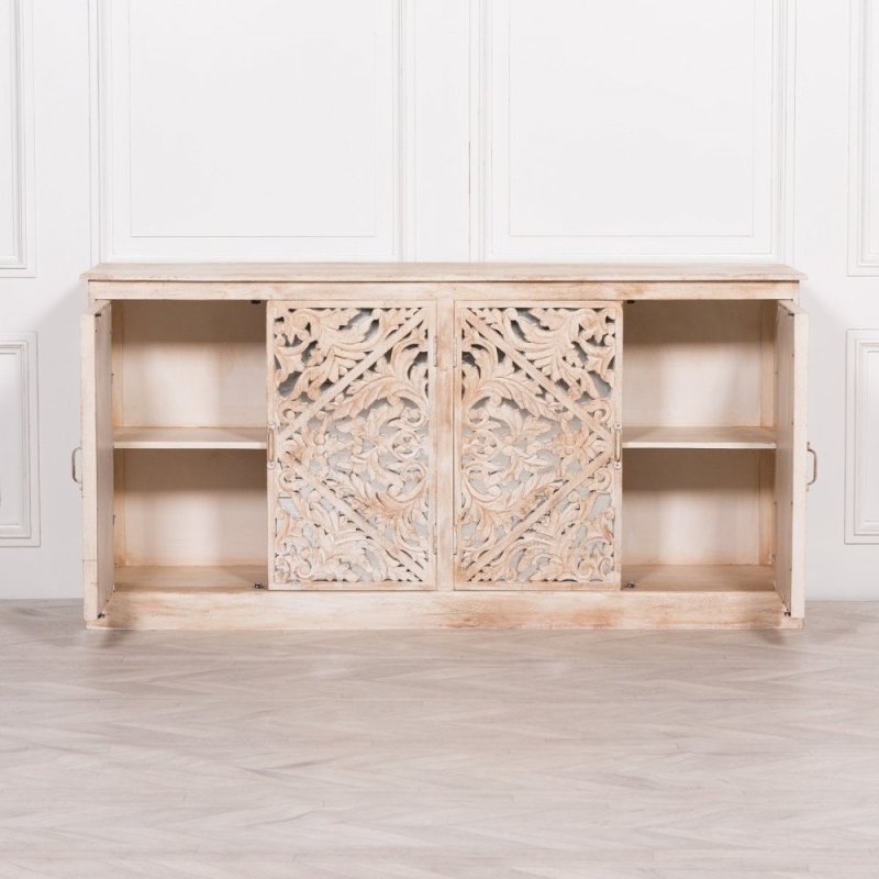 Hand Carved Solid Wooden Indian Buffet Cabinet - Traditional Handmade Wood Sideboard for Dining Room & Living Room Storage | Perfect for Home Decor, Entertaining & Displaying Fine China