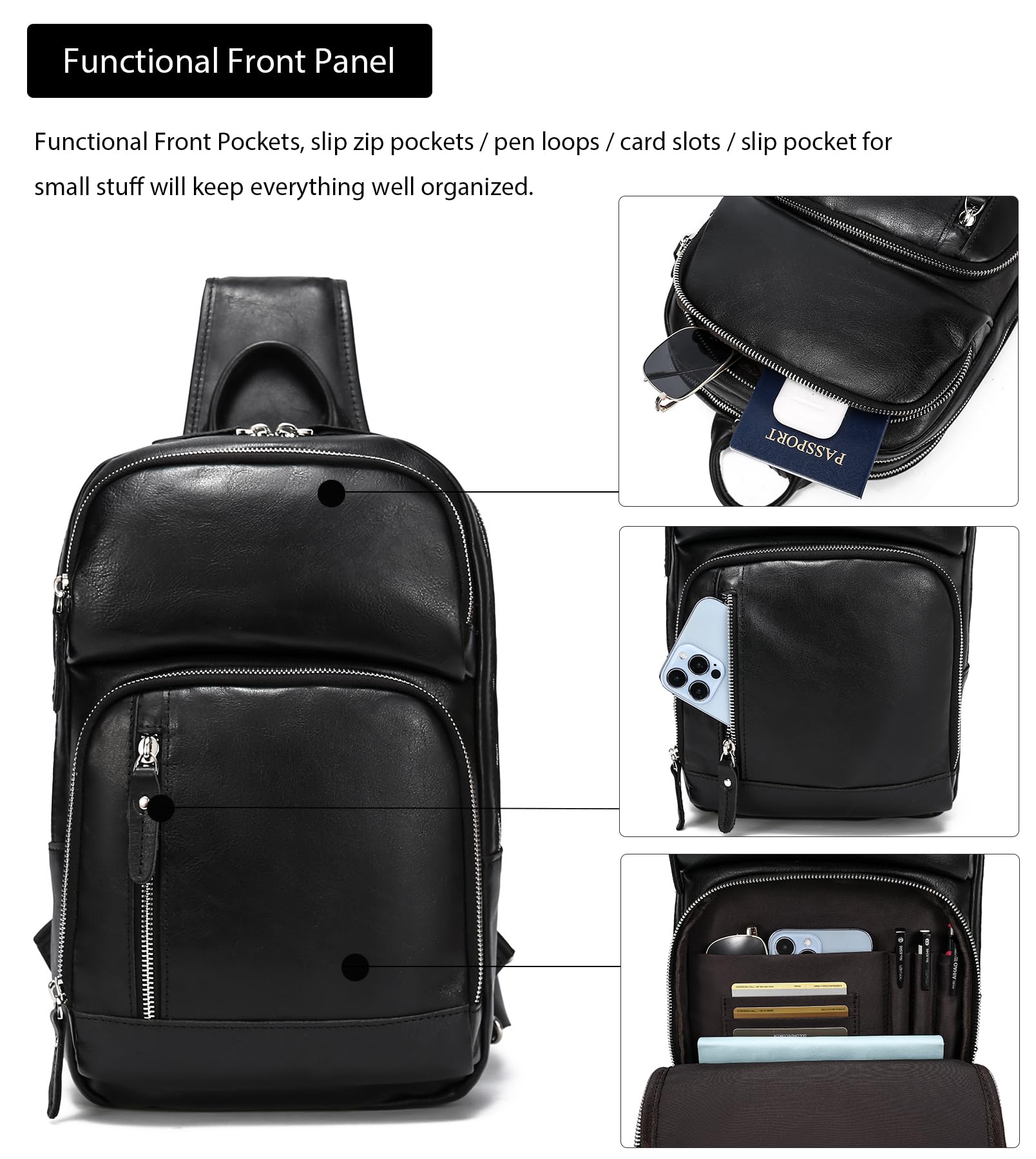 Premium Full Grain Leather Sling Bag for Men - Crossbody Chest Bag Fits 12.9
