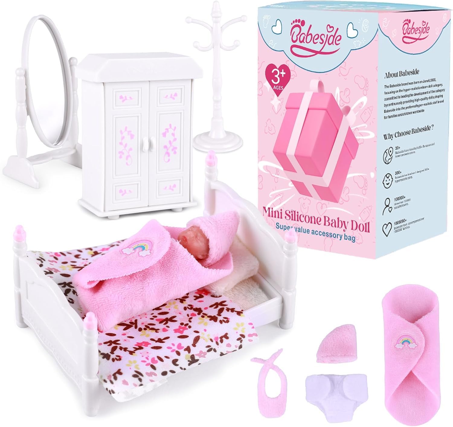Realistic 3 Inch Mini Silicone Baby Doll - Newborn Sleeping Baby Girl Toy with Playset Accessories (Pink) | Perfect for Collectors, Nursery Decor, and Pretend Play