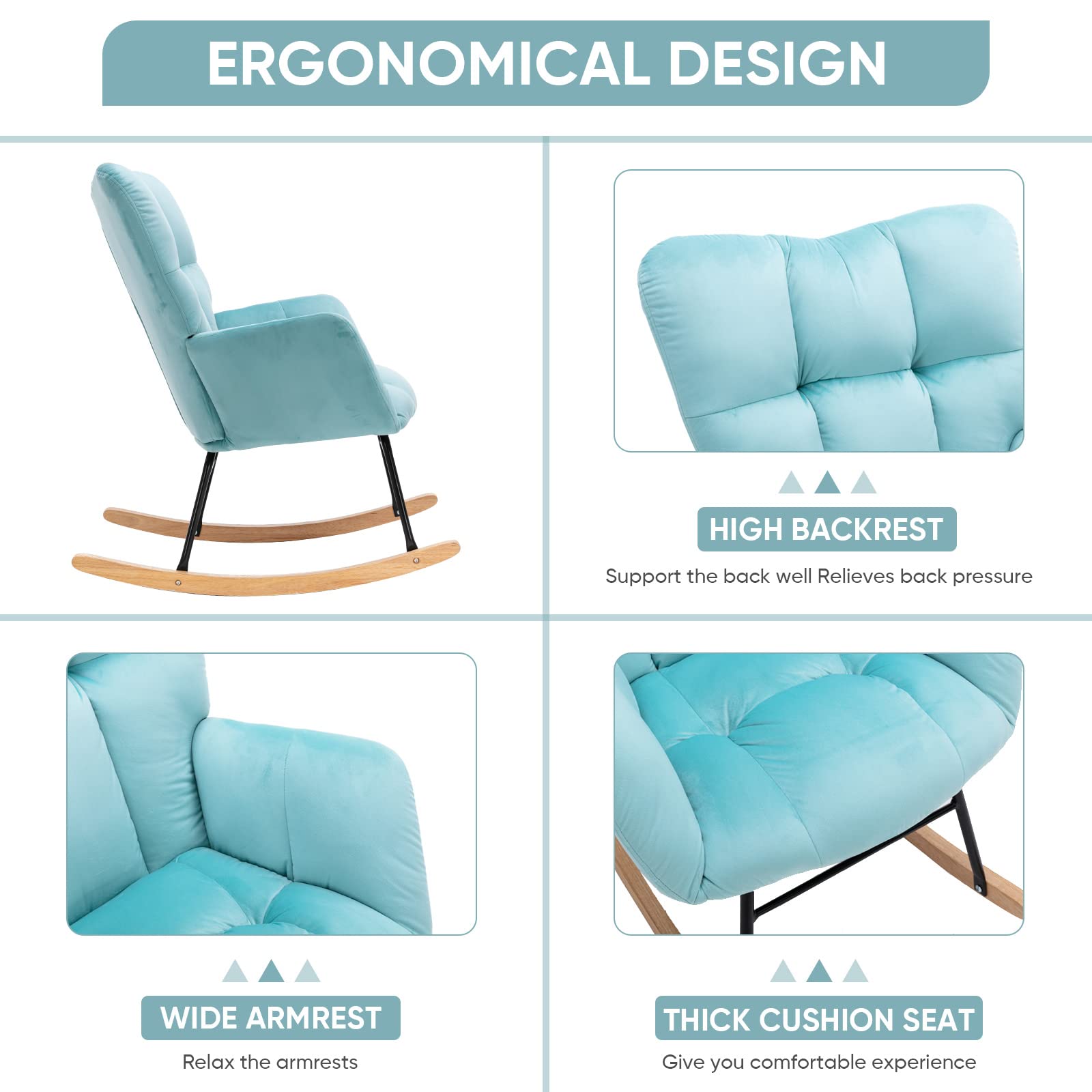 KINFFICT Velvet Upholstered Nursery Rocking Chair - High Back Glider Rocker, Mid Century Modern Accent Armchair for Living Room, Bedroom & Office | Perfect for Nursing, Reading & Relaxing