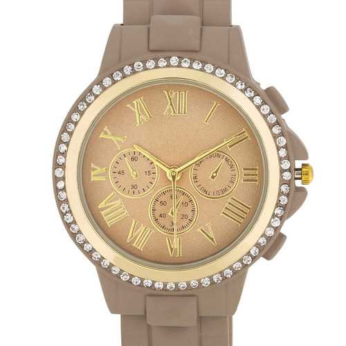 Ava Gold Taupe Metal Watch with Crystals - Elegant Women's Fashion Watch for Daily Wear, Parties & Special Occasions
