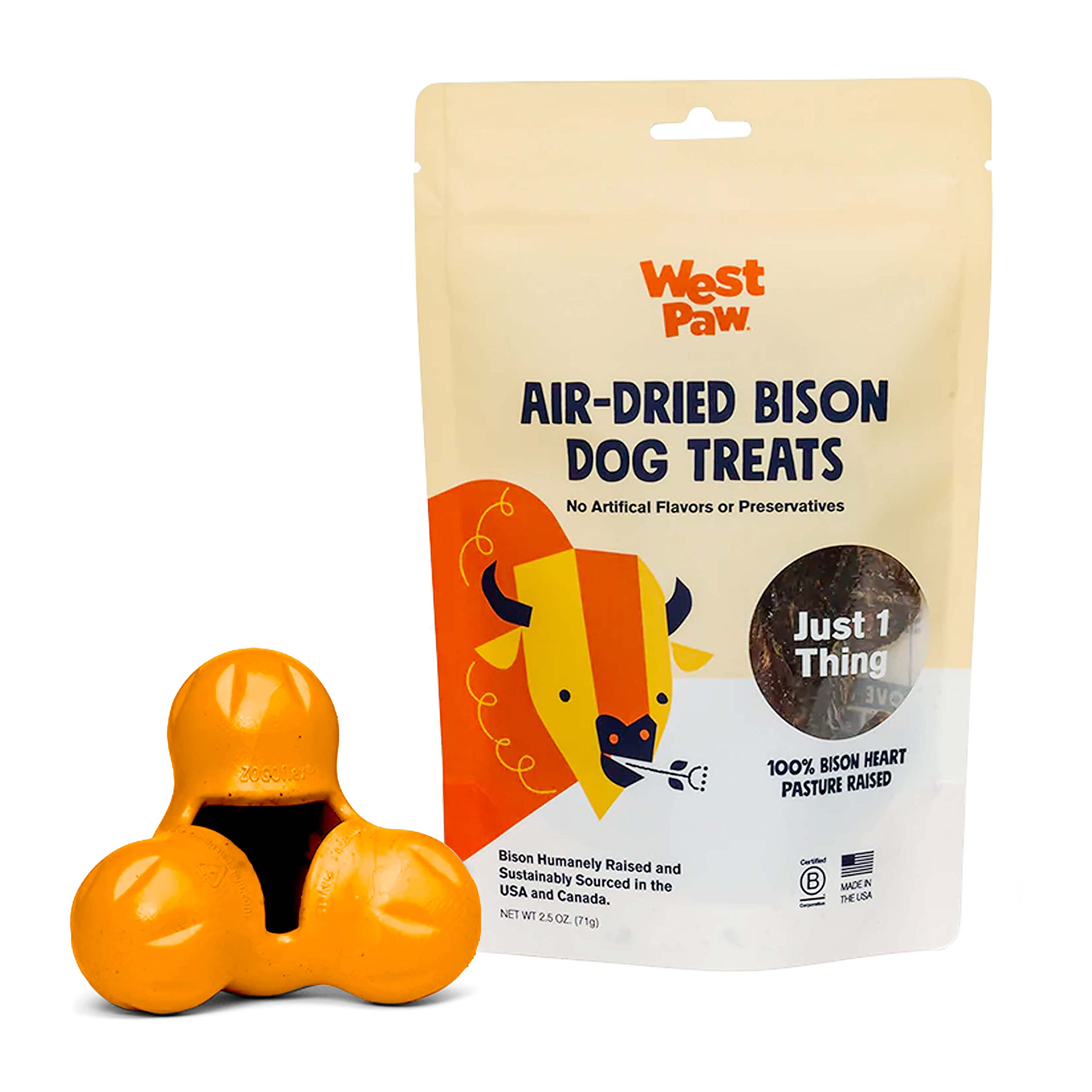 Premium Air Dried Bison Heart Dog Treats with Zogoflex Tux Treat Dispenser Toy Bundle – Natural Farm Fresh Bison Snacks & Interactive Chew Toy for Dogs – Holds Kibble & Treats – Perfect for Training, Enrichment & Dental Health