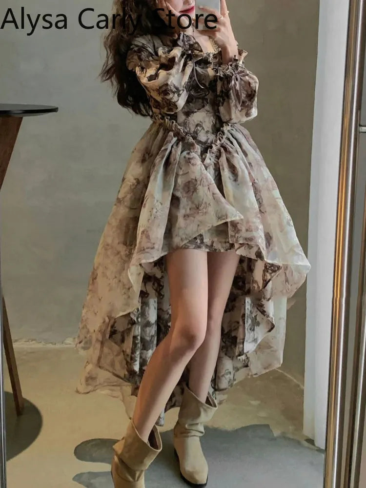Elegant Autumn Floral Fairy Dress for Women - Luxury Designer Slim Korean Princess Dress, Chic Casual & Party Wear for Weddings, Dates & Special Occasions