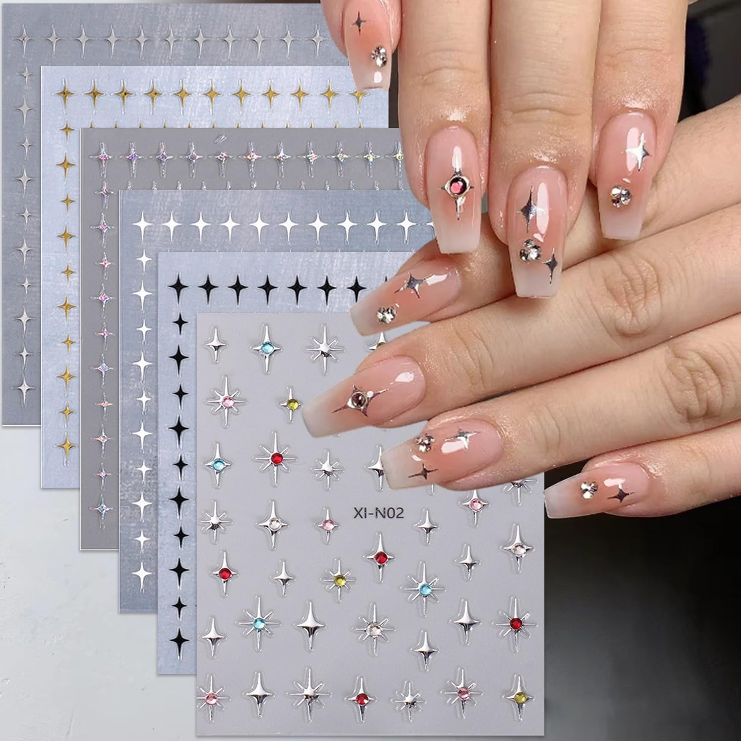 3D Glitter Star Nail Stickers - Self-Adhesive Nail Art Decals with Rhinestones (6Pcs, Gold/Silver/Black/White) | Perfect for Manicure, Nail Design & DIY Nail Art | Great for Parties, Weddings & Special Occasions