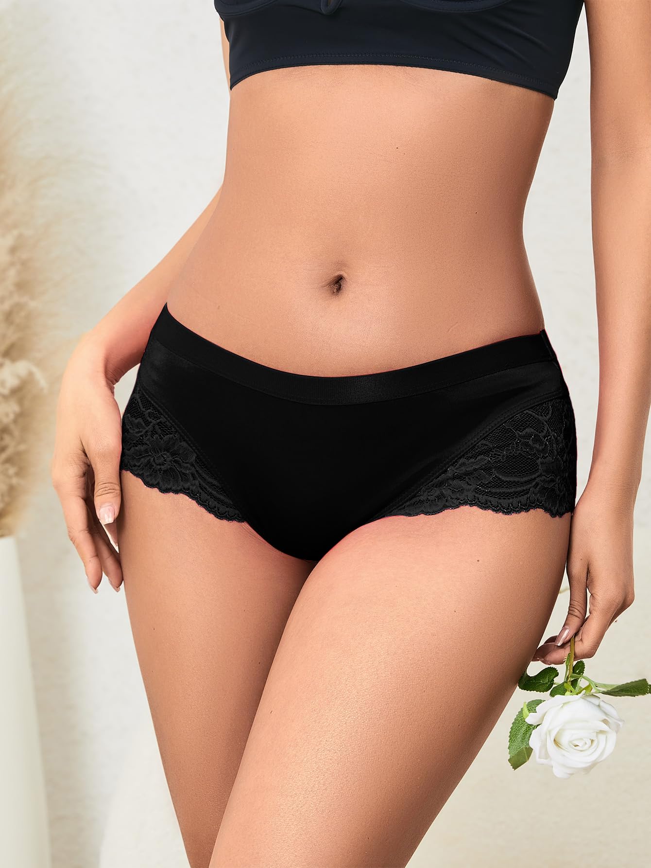 Milumia Women's Sexy Lace Satin Panties - Mid Waist Bikini Briefs with Silk Trim - Breathable Underwear for Daily Wear & Special Occasions