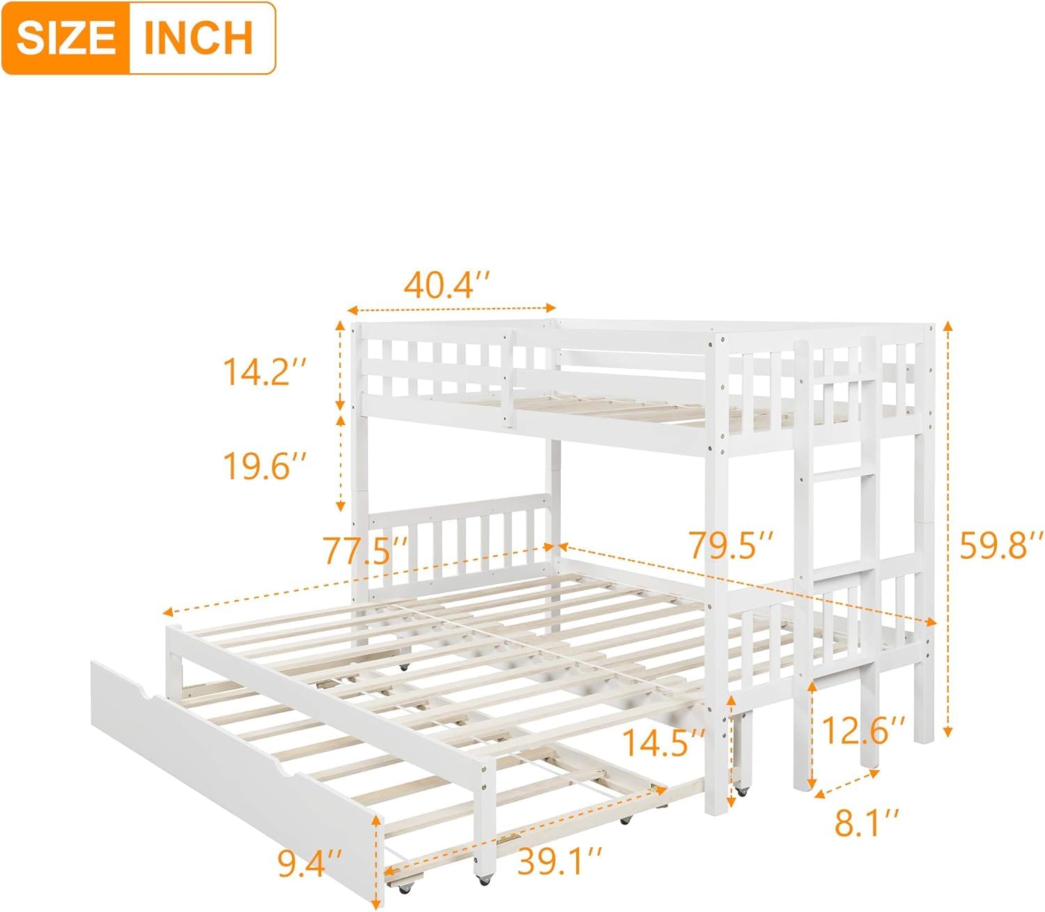 Premium Solid Wood Twin Over Twin Bunk Bed with Pull-Out Trundle - Extendable to Twin Over 2 Twin - Heavy Duty White Wooden Bunkbed for Kids & Teens - Perfect for Small Bedrooms, Guest Rooms & Vacation Homes