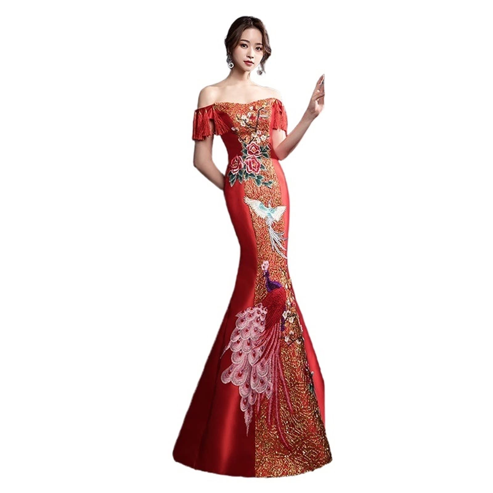 Elegant Traditional Chinese Wedding Dress - Off Shoulder Embroidered Mermaid Qipao Cheongsam | Perfect for Bridal Ceremonies, Cultural Events & Photoshoots