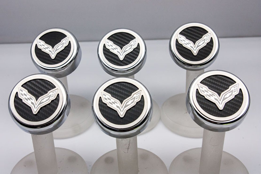 American Car Craft 053014-YLW Yellow Carbon Fiber Fluid Cap Cover Set - 6 Piece Corvette Flag Emblem | Universal Fit for C5 C6 C7 Corvette Models | Perfect for Car Shows, Racing Events & Engine Bay Customization