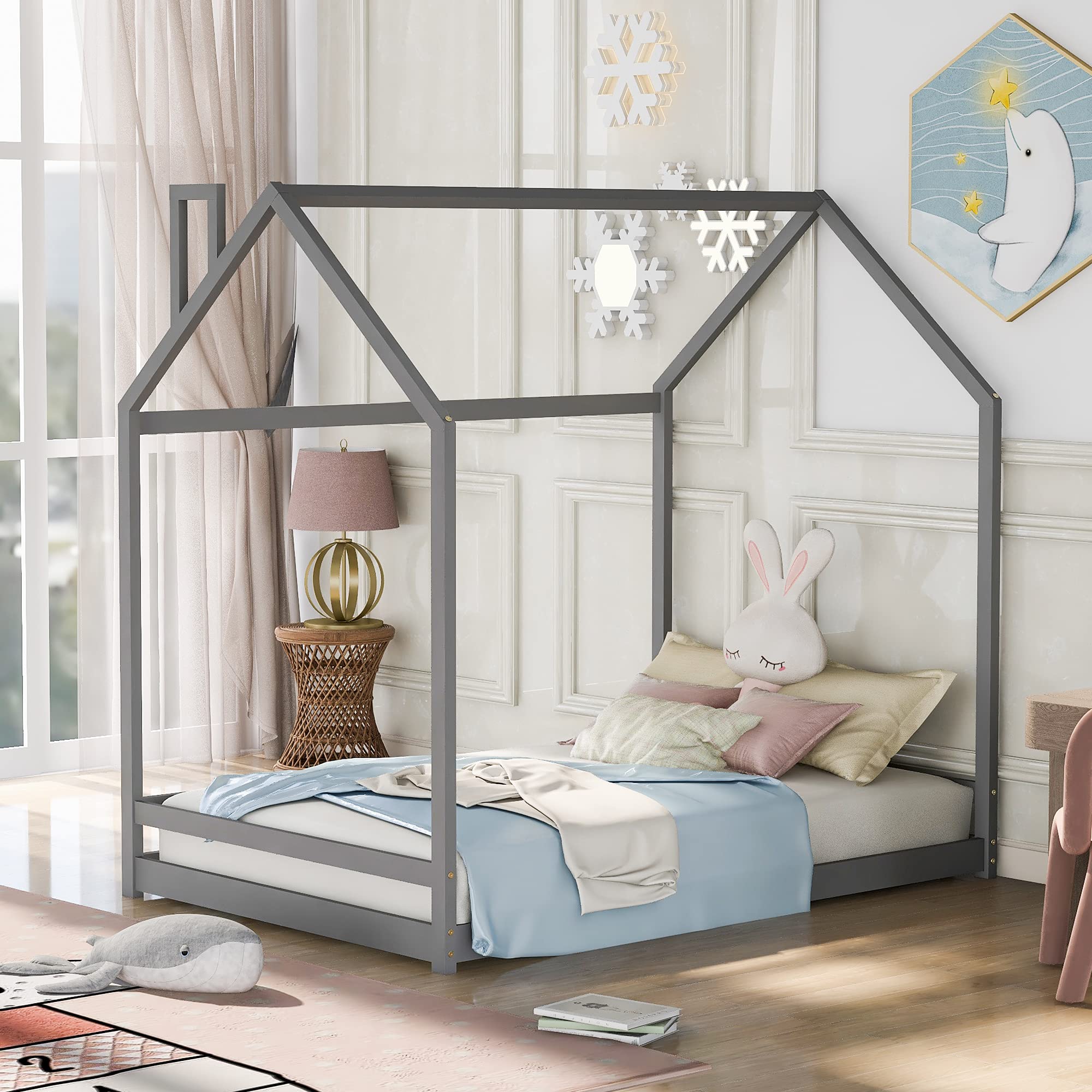 Merax Full Size Wooden House Bed with Roof - Kids Bedroom Furniture for Girls & Boys, Grey - Perfect for Playtime, Naptime & Dreaming in a Cozy Cabin Style Bed