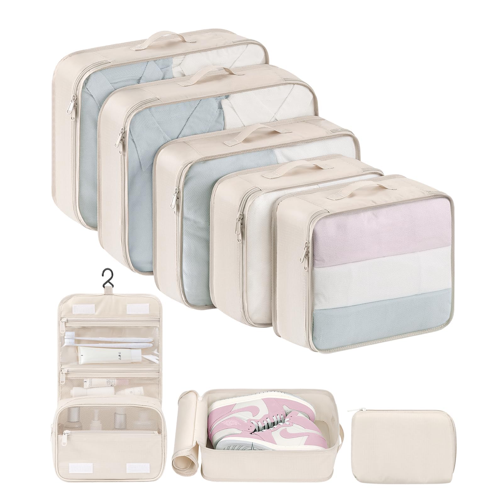 DIMJ 8-Piece Lightweight Mesh Travel Packing Cubes Set with Large Toiletries Bag - Beige Organizers for Suitcase & Luggage - Perfect for Business Trips, Vacations & Weekend Getaways