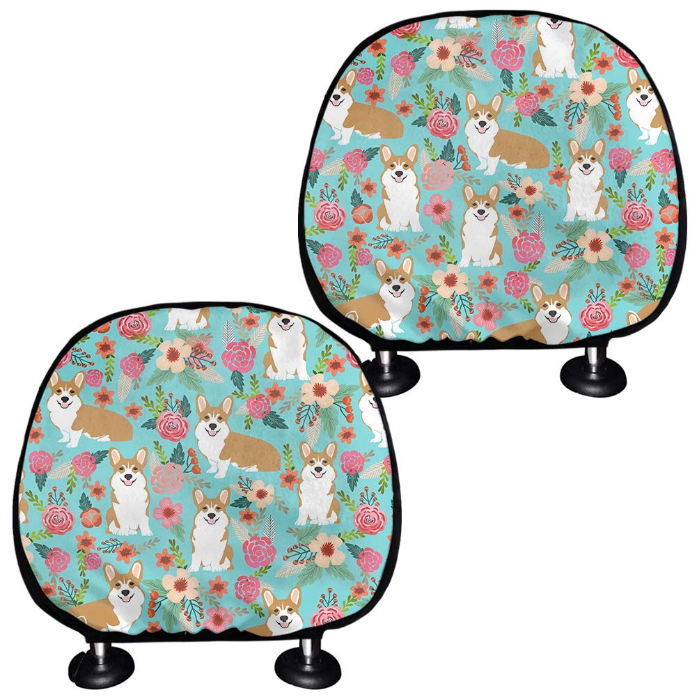 ORGYPET 2-Piece Cute Cartoon Corgi Car Headrest Covers Set - Colorful Polyester Seat Protector for Cars, SUVs & Trucks | Soft Interior Accessories for Pet Lovers & Home Office Commuters