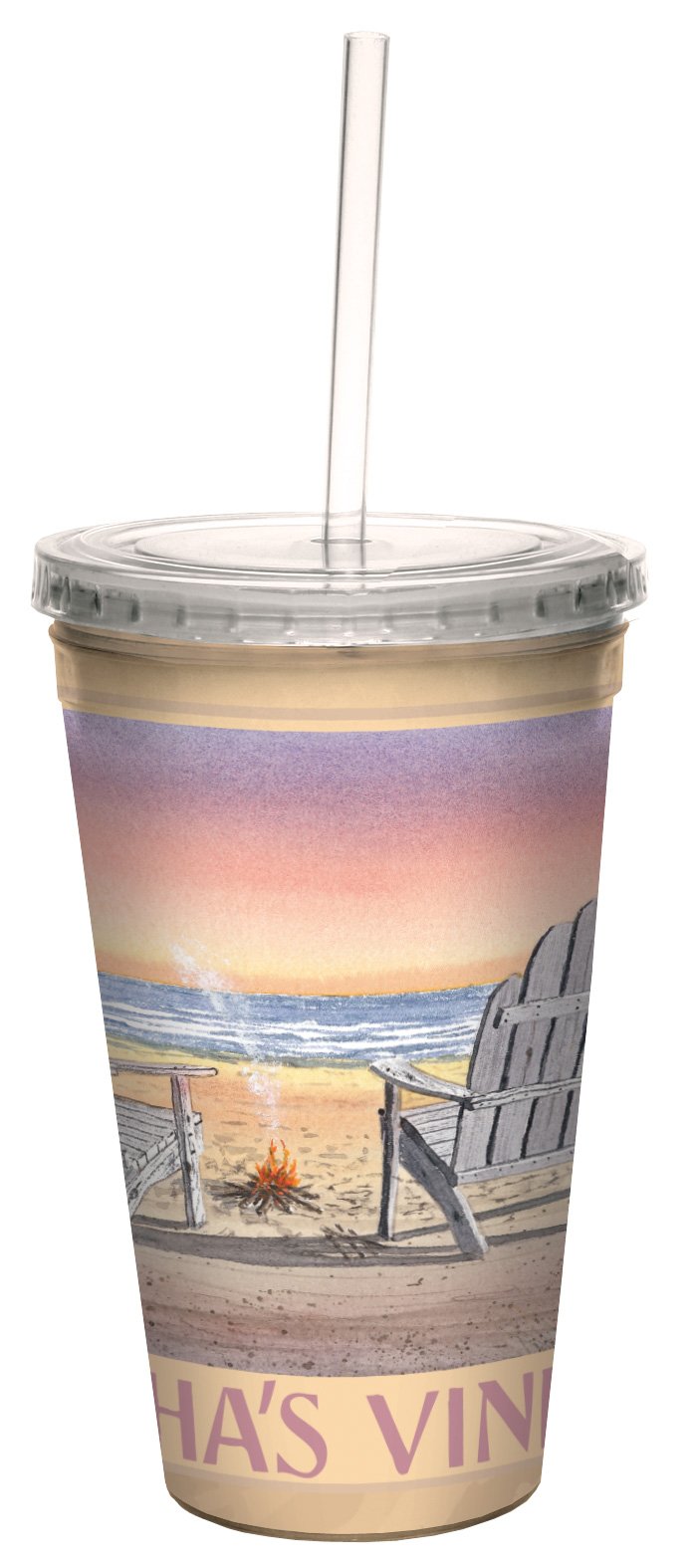 David Bartholet Artful Traveler 16-Oz Double-Walled Insulated Tumbler with Straw - Coastal Martha's Vineyard Beach Design - Perfect for Summer Drinks, Pool Parties & Outdoor Adventures