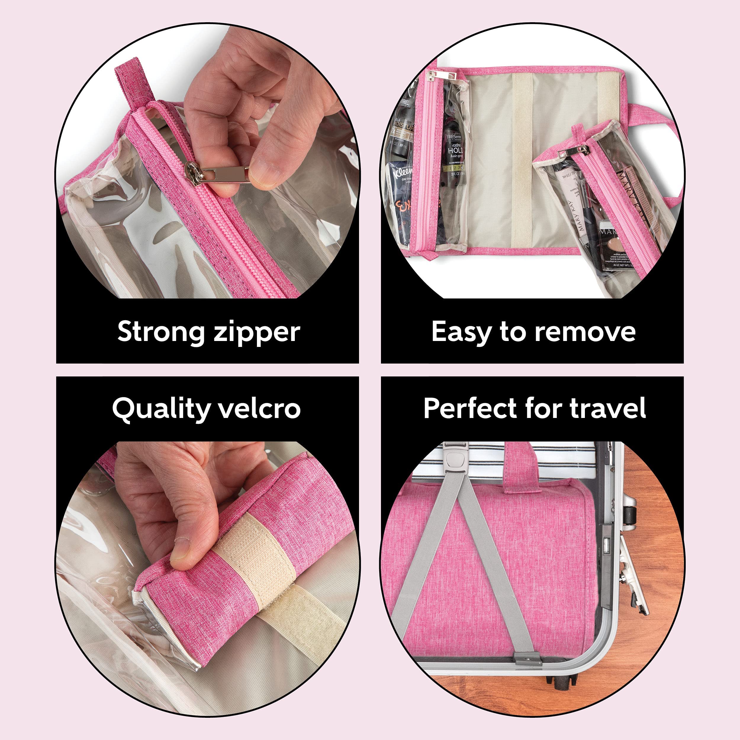 4-in-1 Hanging Toiletry Bag with Detachable PVC Pouches | Roll-Up Makeup Organizer for Travel | 600D Oxford Fabric Cosmetic Bag (Pink) - Perfect for Makeup, Skincare & Travel Essentials Organization