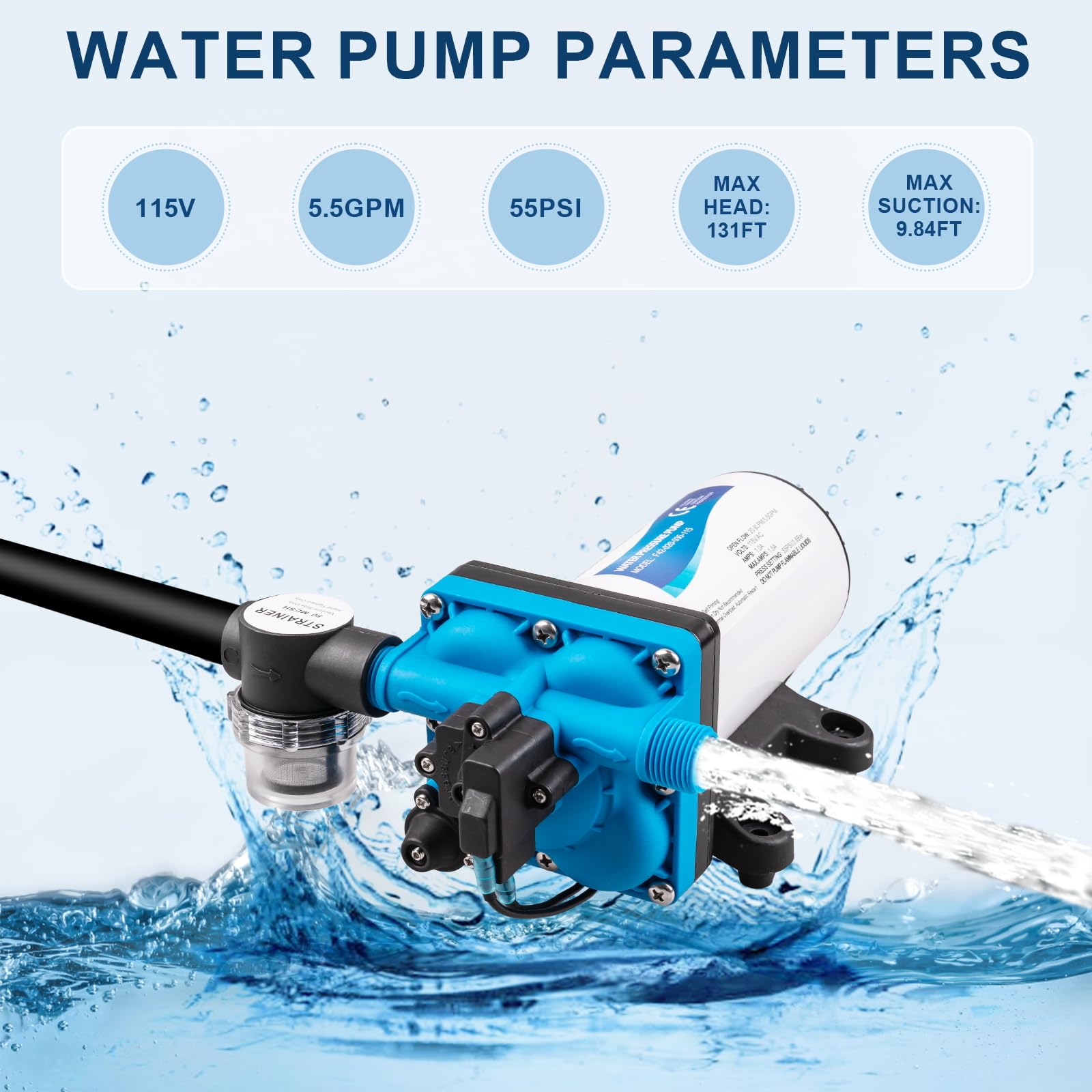 115V Electric Water Pressure Booster Pump - 5.5GPM 55 PSI RV Fresh Water Diaphragm Pump with Garden Hose Adapters for RV, Marine, Yacht | Perfect for Camping, Boating & Off-Grid Water Supply