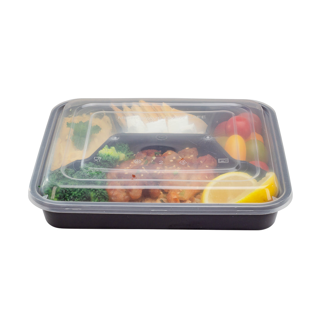34 oz Black Plastic 4-Compartment Meal Prep Containers with Clear Lids - Microwave Safe (8.75