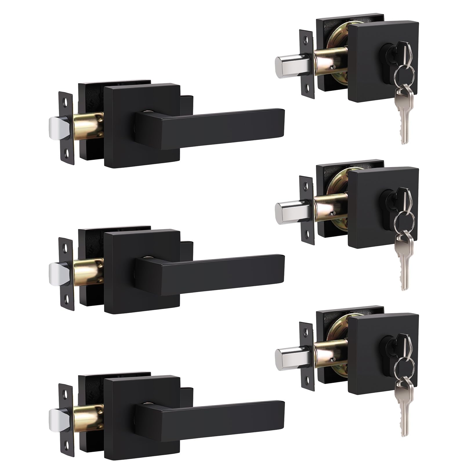 3 Pack Keyed Entry Door Lock Set with Deadbolt - Reversible Passage Lever & Keyed Alike Single Cylinder Deadbolt - Matte Black Square Handleset for Front Door, Bedroom, Office & Apartment Security