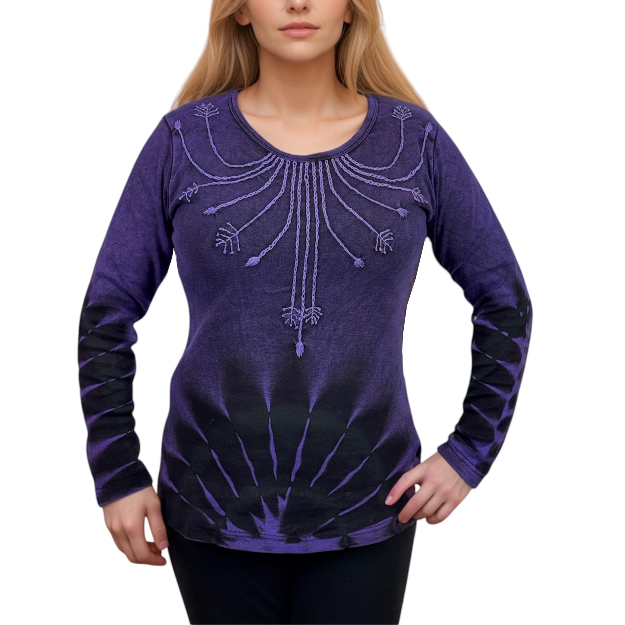 Agan Traders 2025 Spring Women's Bohemian Tie-Dye Knit Jersey Patch Razor Cut Embroidered Long Sleeve Sweatshirt Top Blouse - Casual Chic Loungewear for Spring Outings & Music Festivals