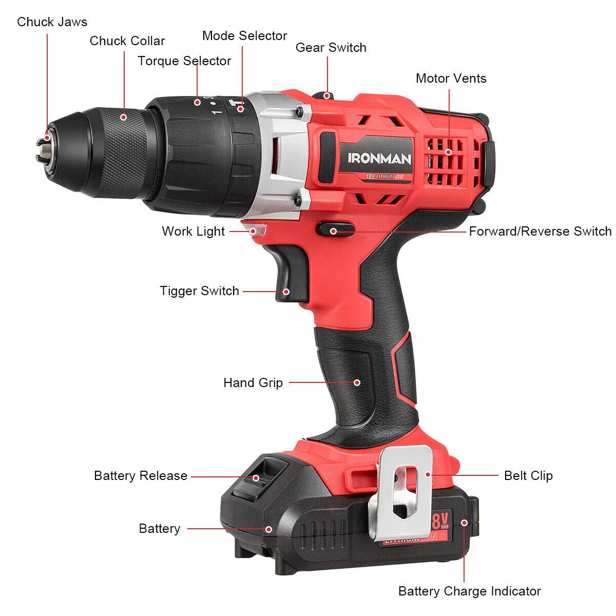 18V Cordless Drill Driver Impact Tool Kit with 1/2