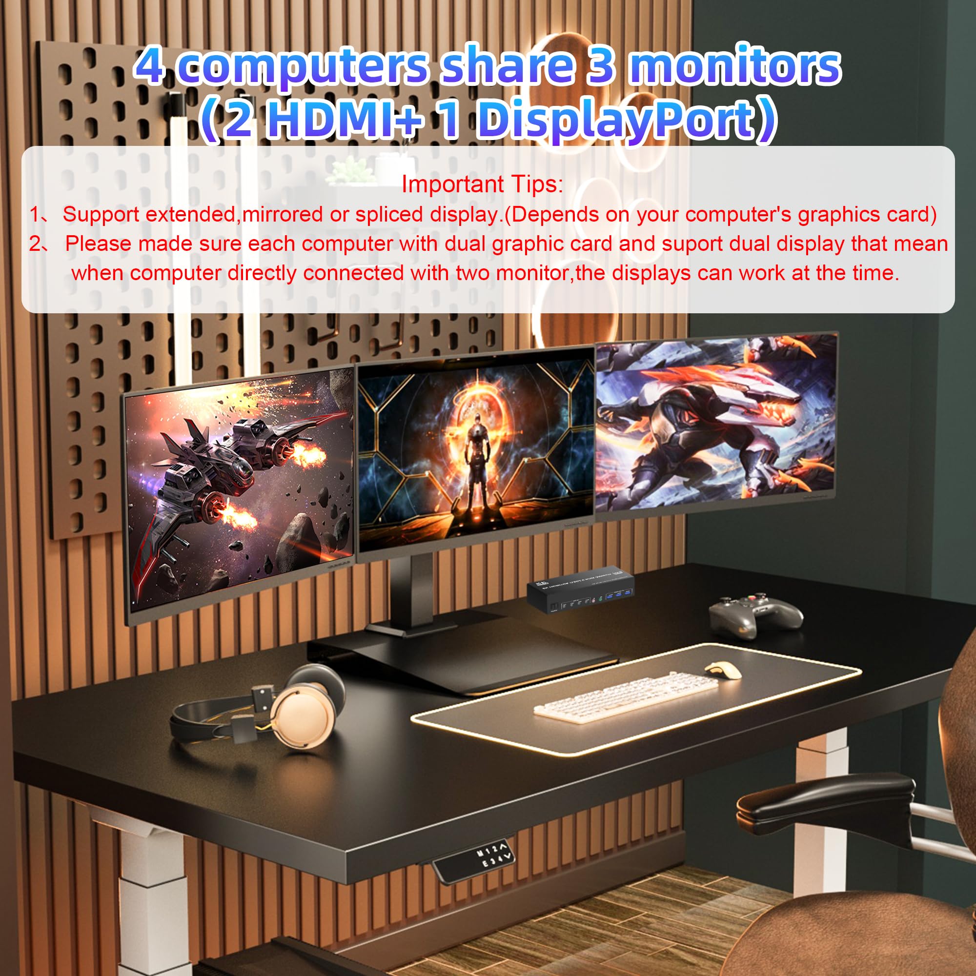 8K@60Hz DisplayPort 1.4 + HDMI 2.1 KVM Switch for 4 Computers & 3 Monitors - USB 3.0 Hub with Audio/Microphone Ports - Triple Monitor Keyboard Mouse Switcher for Gaming, Office & Multi-Tasking Workstations