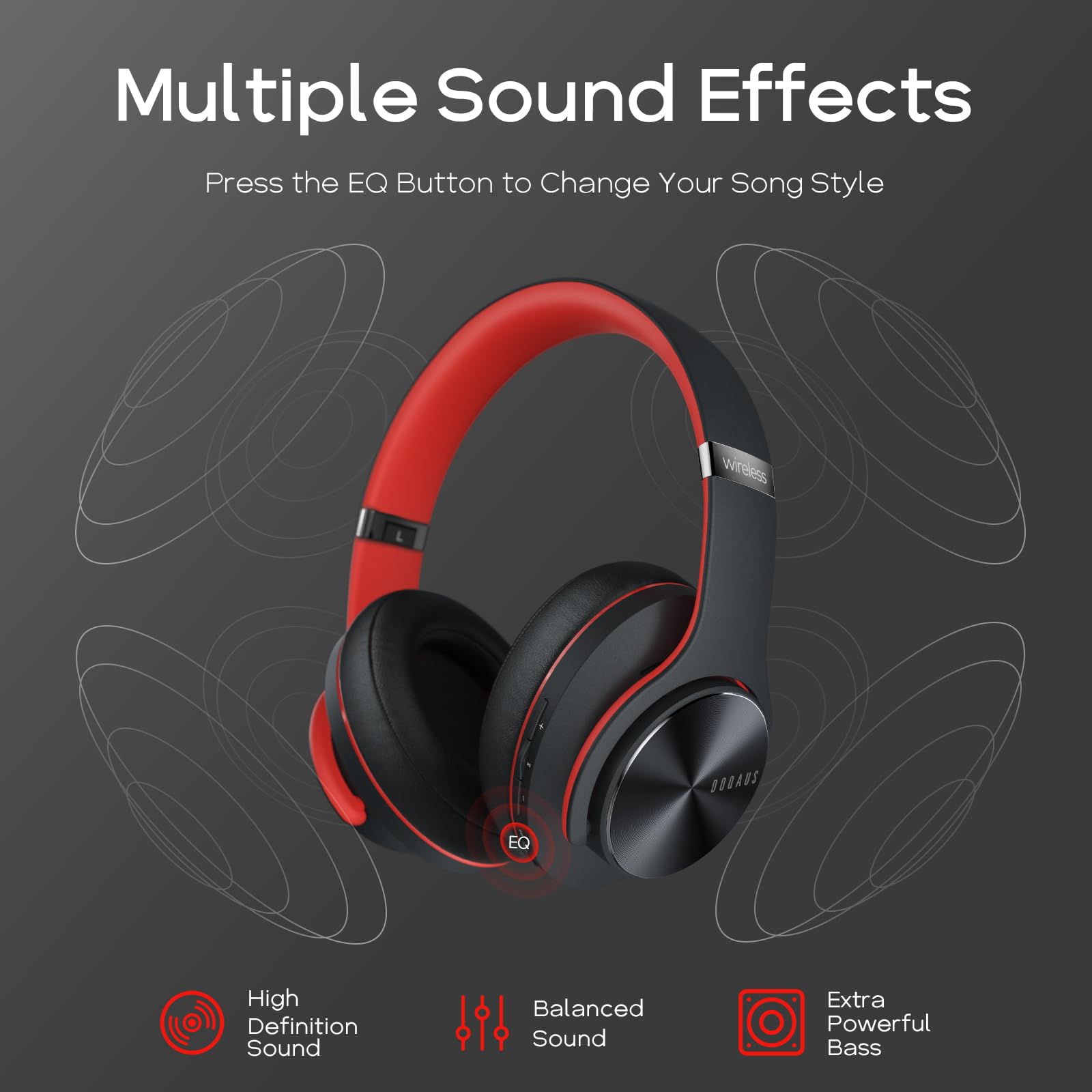DOQAUS Wireless Bluetooth Headphones with 90 Hours Playtime, Hi-Fi Stereo Sound, 3 EQ Modes, Built-in Mic & Comfortable Earpads for iPhone, Android, PC - Perfect for Travel, Workout & Gaming (Black Red)
