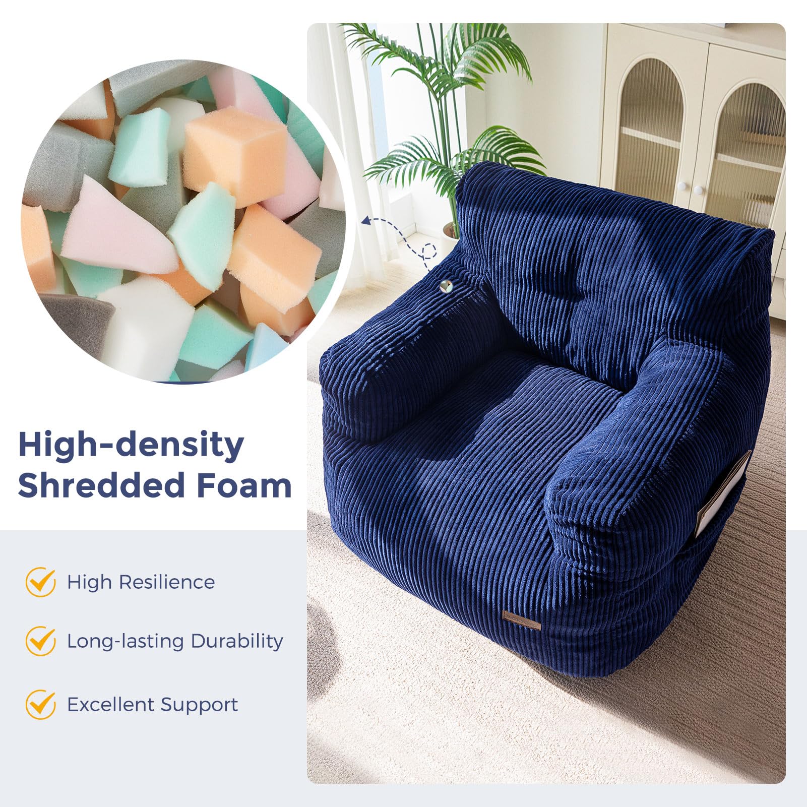 MAXYOYO Tufted Corduroy Bean Bag Chair with Filler - Comfortable Lazy Couch for Adults & Teens in Beige | Perfect for Living Room, Bedroom & Dorm Relaxation