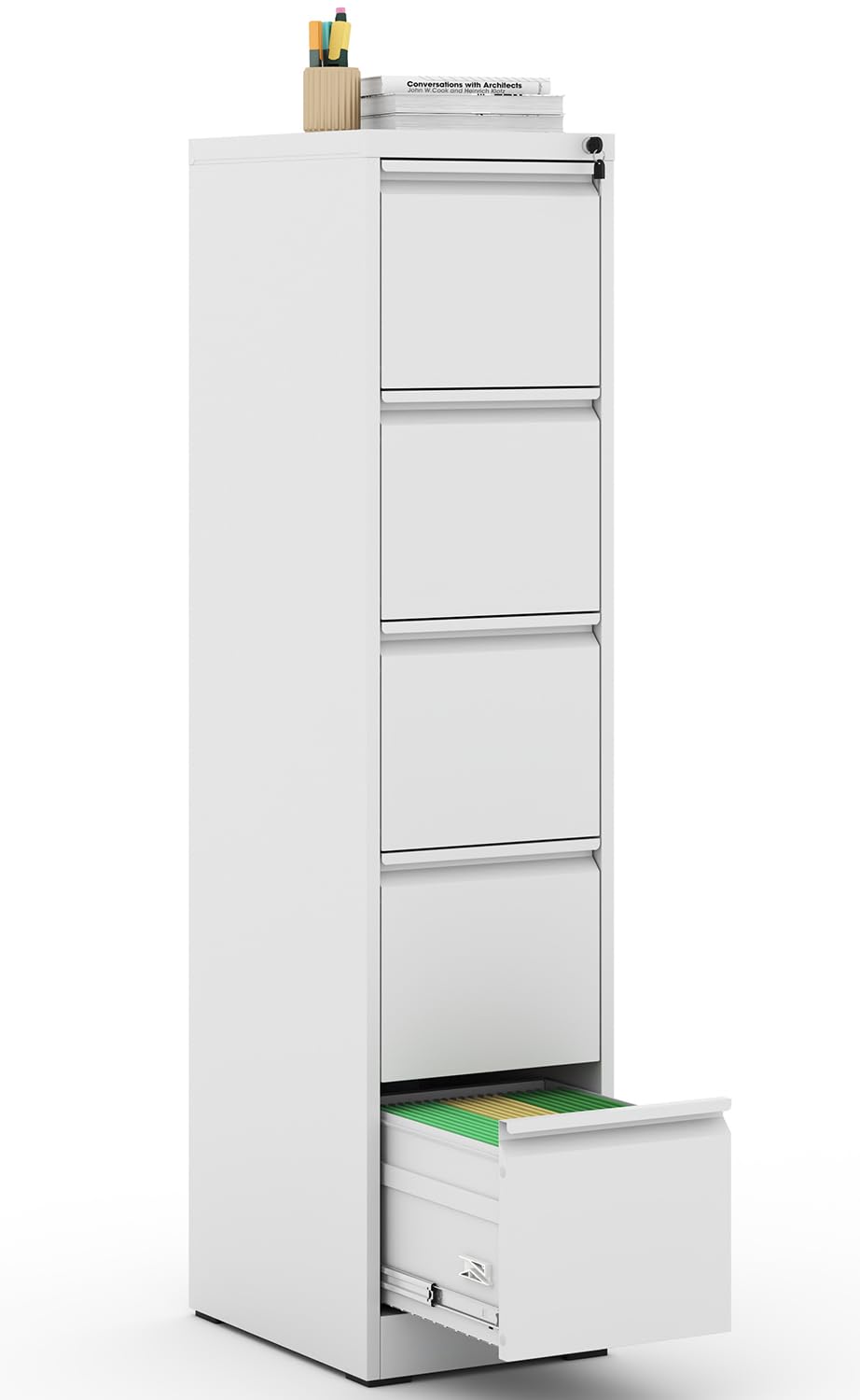 5-Drawer Vertical File Cabinet with Lock - Heavy Duty Steel Office Filing Cabinet for Hanging Letters, Legal & A4 Documents - Perfect for Home Office Organization (White, Assembly Required)