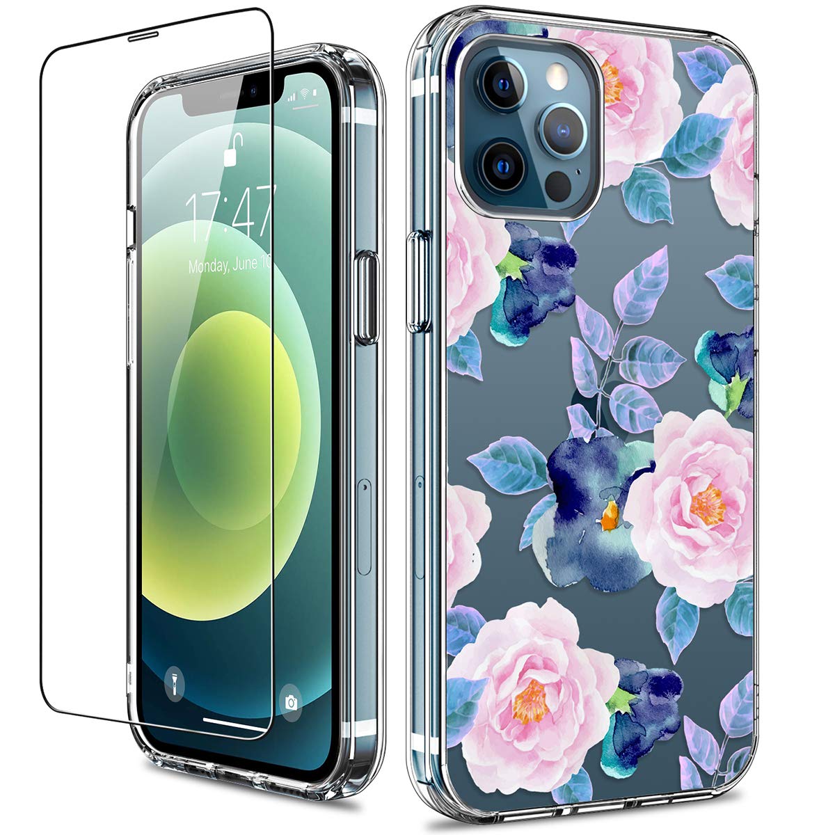GiiKa iPhone 12 Pro Max Case with Screen Protector - Clear Shockproof Floral Design Hard Case with TPU Bumper - Protective Phone Cover for Women & Girls (Pink Blue Flowers) - Perfect for Everyday Use, Work & Travel Protection