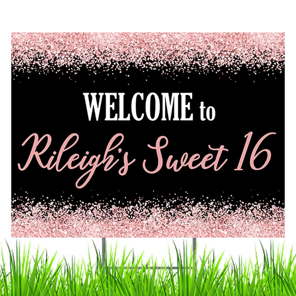 Personalized Rose Gold Glitter Happy 16th Birthday Yard Sign - Black & Gold Lawn Decoration for Sweet 16 Party, Graduation Celebration, Outdoor Decor