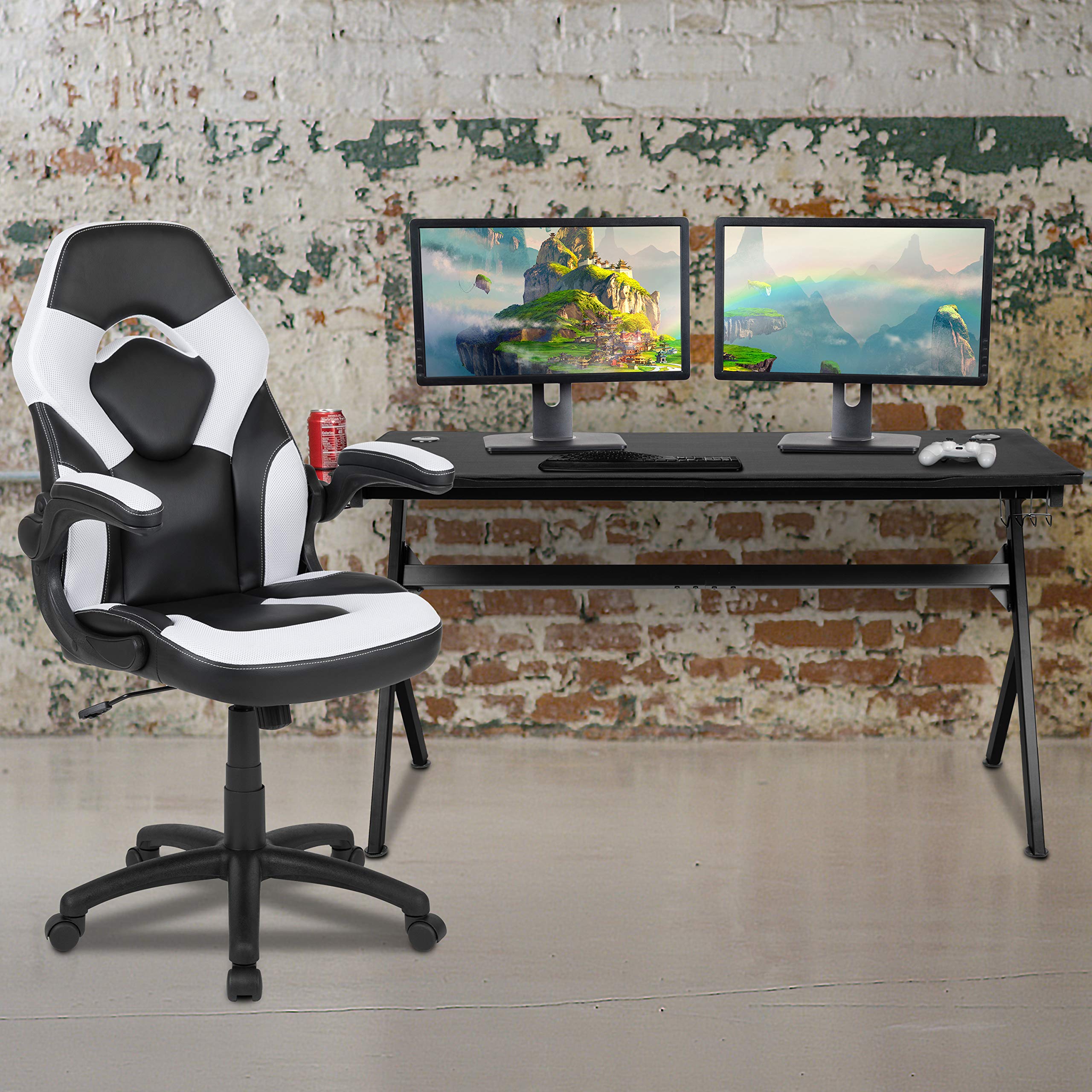 Premium Gaming Desk & Ergonomic Racing Chair Set - Black/White with Cup Holder, Headphone Hook & Removable Mouse Pad - 2 Cable Management Holes - Perfect for Esports, Streaming & Home Office Setup