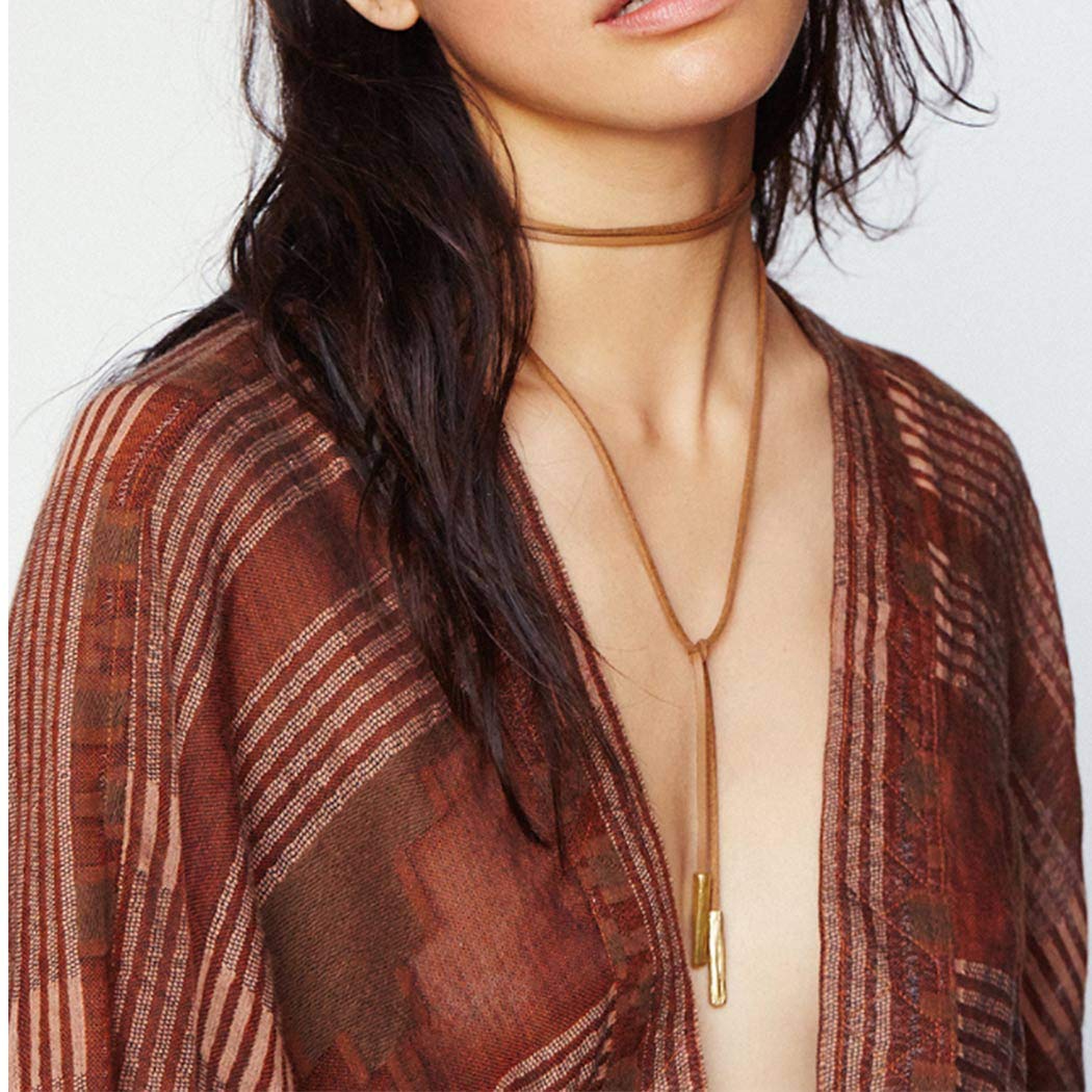 Boho Layered Velvet Choker Necklace for Women - Handmade Adjustable Brown Long Bar Pendant Necklace Jewelry | Perfect for Festival, Party, Wedding & Everyday Wear
