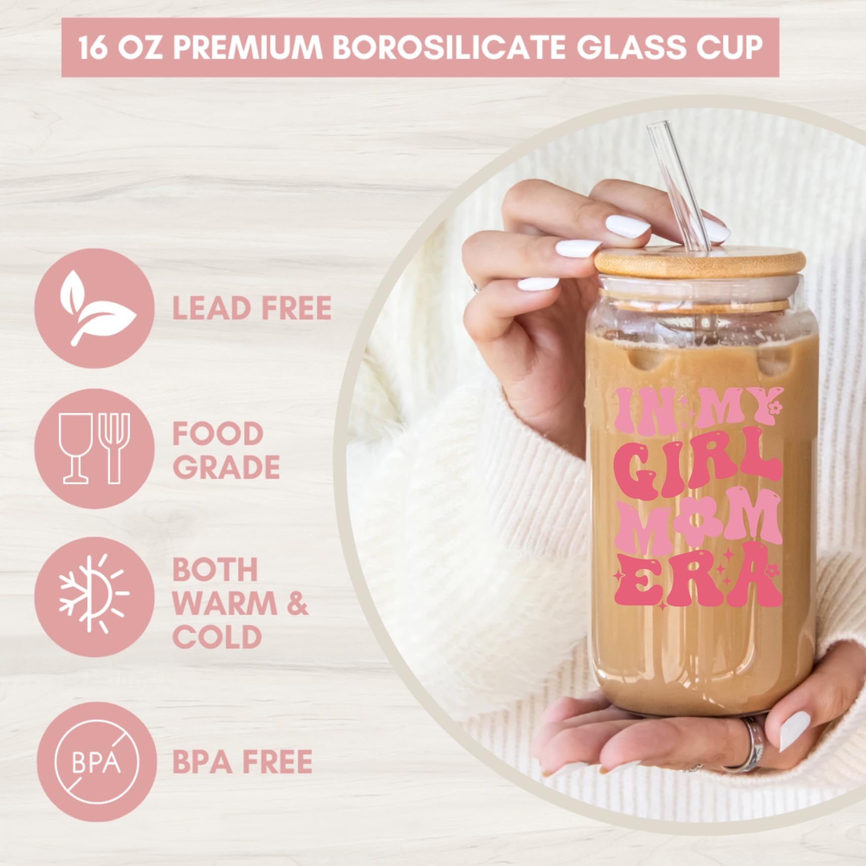 Personalized 16oz Coffee Glass with Bamboo Lid - Perfect New Mom Gift, Girl Mom Gift, Mother's Day Present, Baby Shower & Pregnancy Gift - Ideal for Expecting Moms, Postpartum Care & Daily Coffee Moments