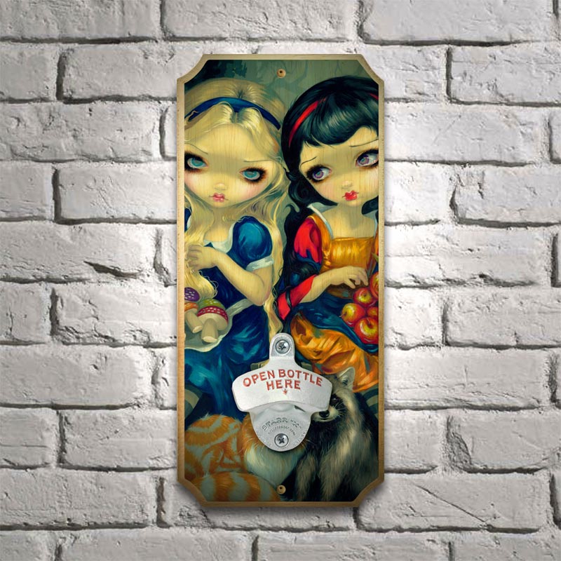 Alice Wood Plaque Wall Mounted Bottle Opener - Rustic Decorative Beer Bottle Opener for Kitchen, Bar, Man Cave & Outdoor Entertaining