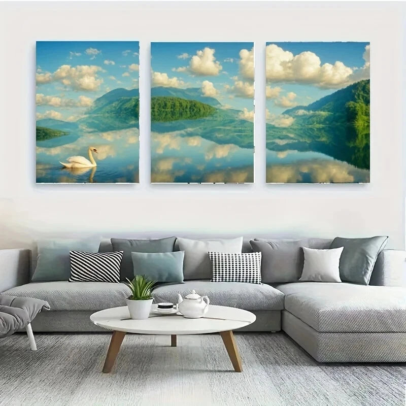 3-Piece White Swan Swimming in Clouds Metal Wall Art - Ready to Hang Home Decor for Living Room, Bedroom & Office