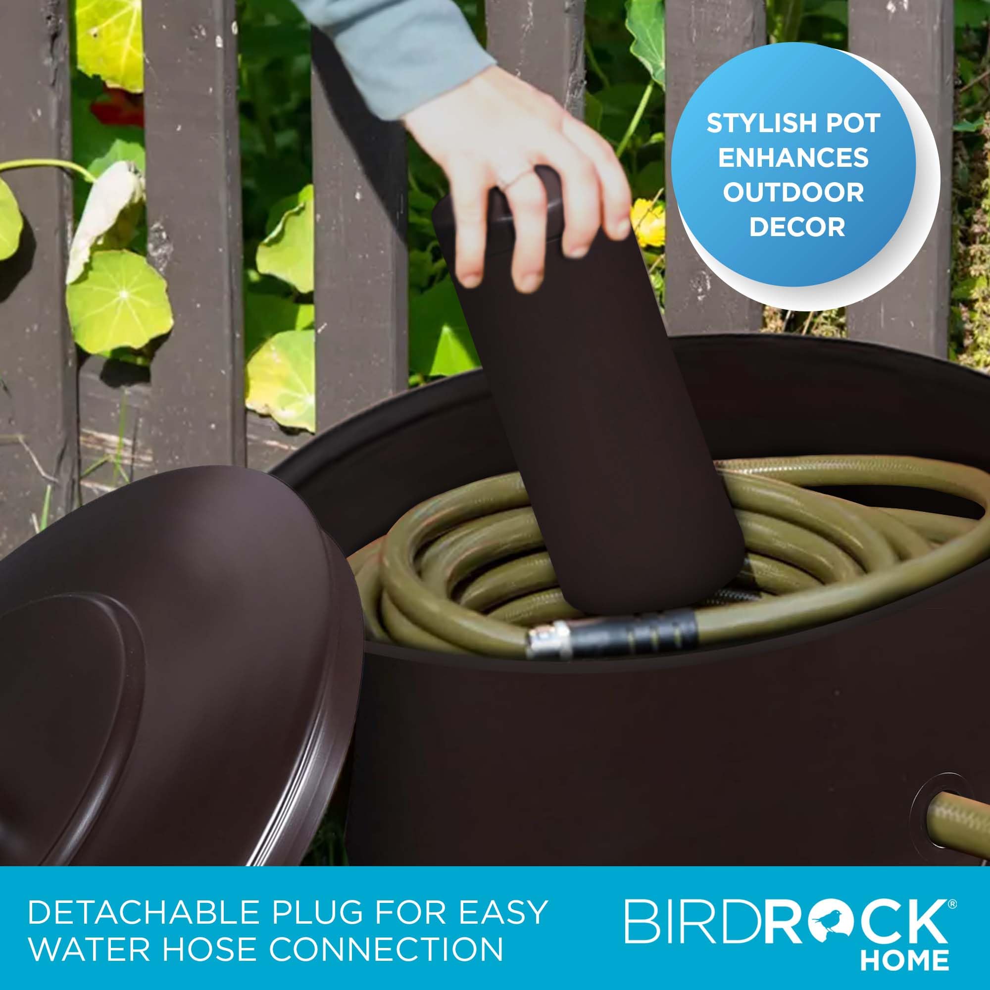 BIRDROCK HOME Decorative Footed Water Hose Holder Pot with Lid - 100ft Garden Hose Storage - Powder Coated Steel Outdoor/Indoor Organizer (Oil Rubbed Bronze) - Perfect for Yard, Patio, and Garage Organization